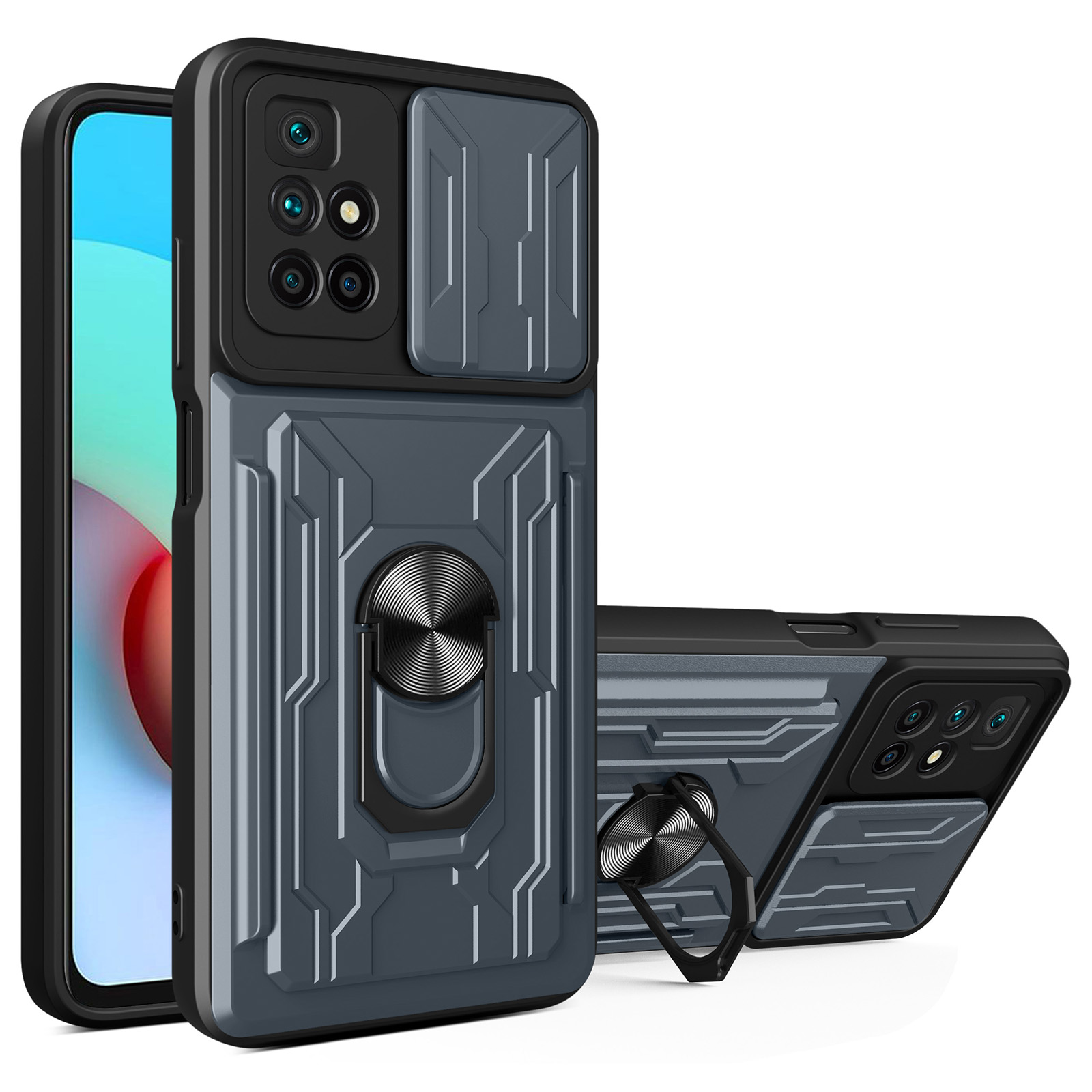 

Versteckte Kartenhalter Slot Ring Kickstand Design Folie Kamera Abdeckung Hartes PC + Soft TPU Für Xiaomi Redmi Note 11 4G (MediaTek)/Redmi 10 4G (2021)/Redmi 10 2022 4G - Grau, Xiaomi Redmi Note 11 4G (MediaTek)