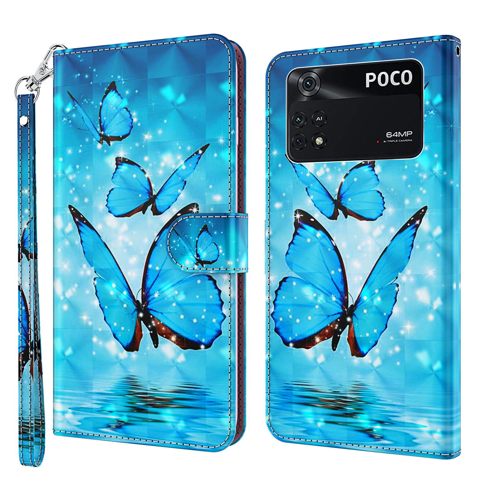 

Für Xiaomi Poco M4 Pro Vollgepackter PU Leder -hülle 3D -muster Druckballer - Blaue Schmetterlinge, Xiaomi Poco M4 Pro 4G