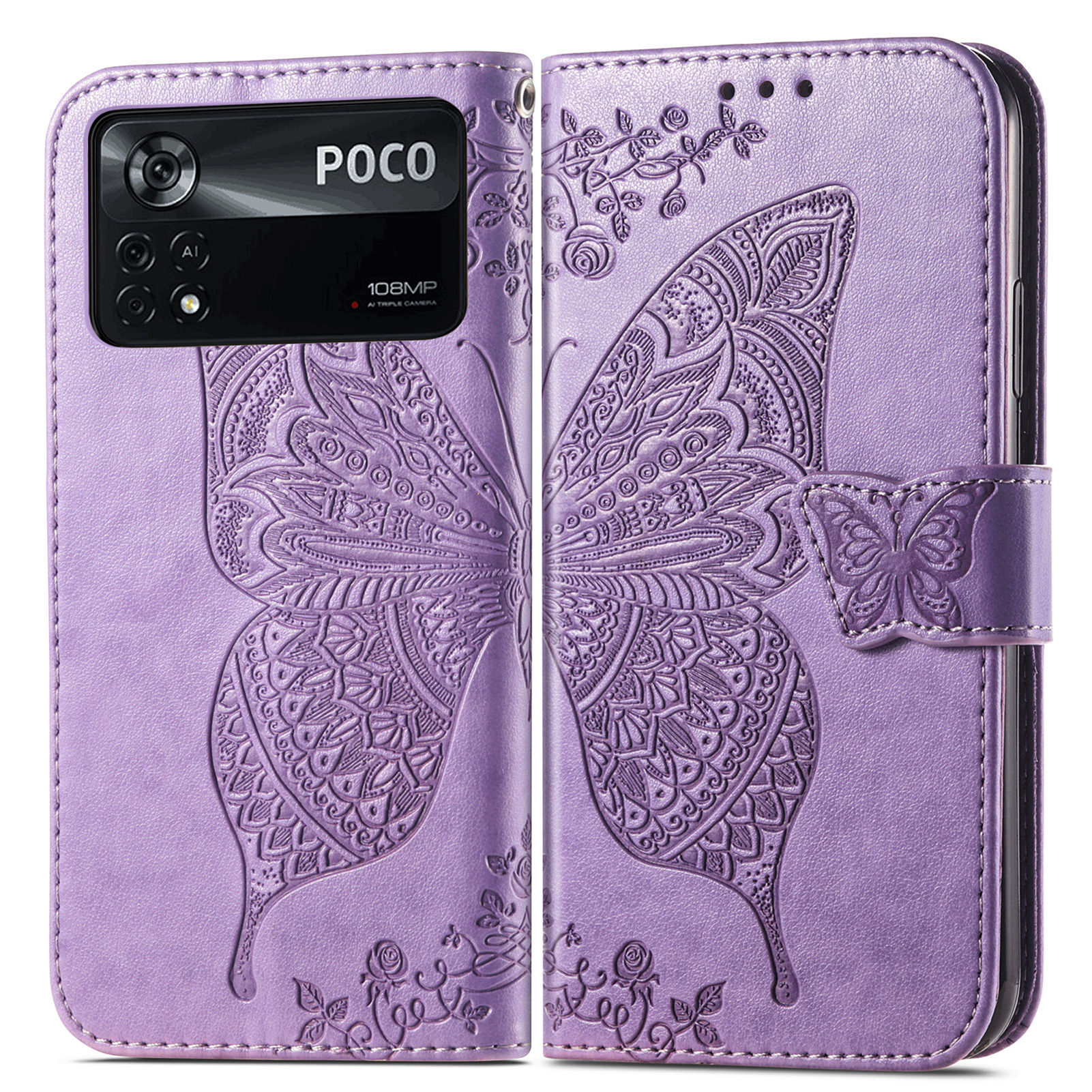 

Pour Xiaomi Poco X4 Pro 5G Butterfly Flower Modèle de Fleur pu le Cuir Magnétique Magnétique Protection Couvre-support Avec Sangle - Violet Clair, Xiaomi Xiaomi Poco X4 Pro 5G