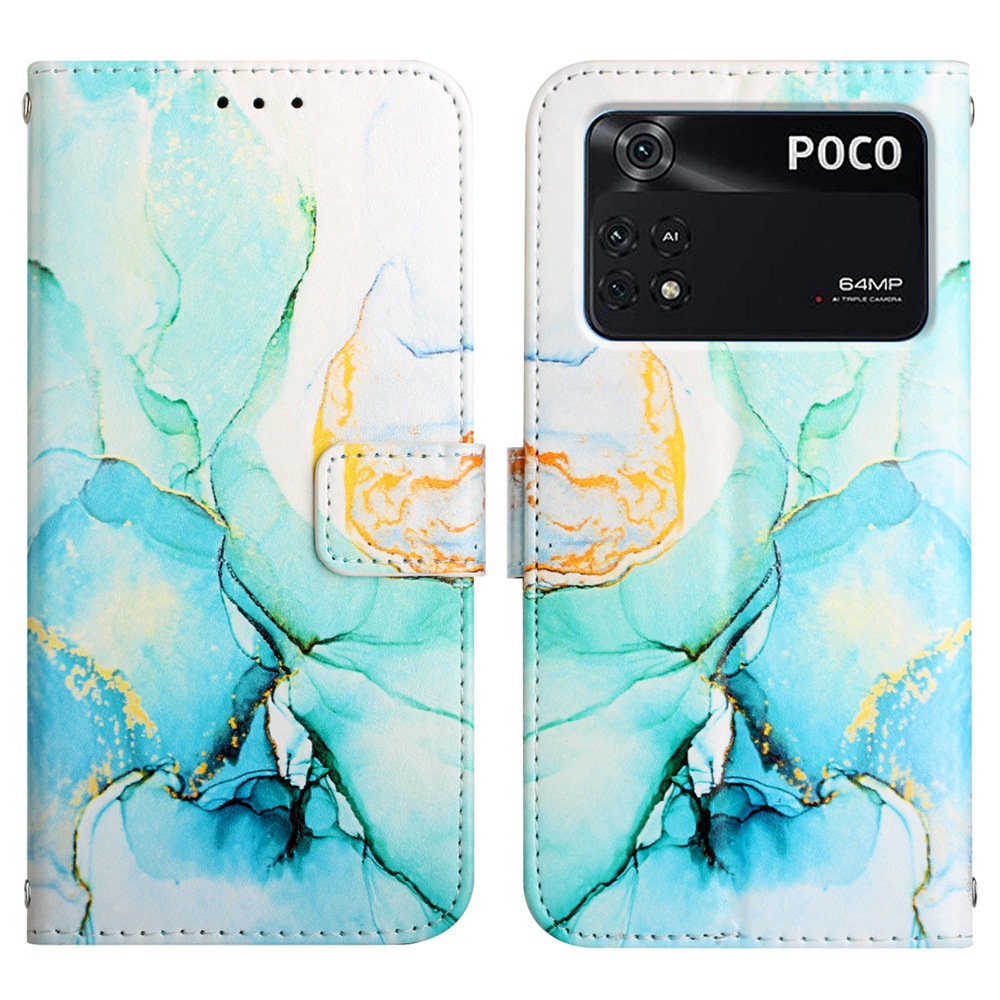 

YB Pattern Printing Series-5 for Xiaomi Poco M4 Pro 4G Marble Pattern Printed PU Leather Magnetic Flip Cover Folding Stand Hand Strap Wallet Purse Case - Green LS003