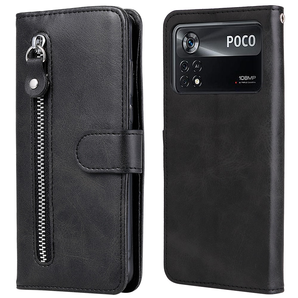 

Für Xiaomi Poco X4 Pro 5G Reißverschluss Pocket Cowide PU Leder Brieftasche Telefonständer Shell - Schwarz, Xiaomi Poco X4 Pro 5G