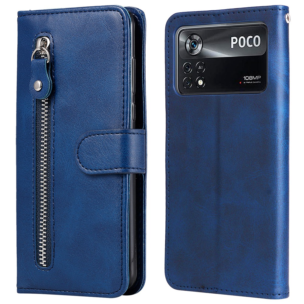 

Für Xiaomi Poco X4 Pro 5G Reißverschluss Pocket Cowide PU Leder Brieftasche Telefonständer Shell - Blau, Xiaomi Poco X4 Pro 5G