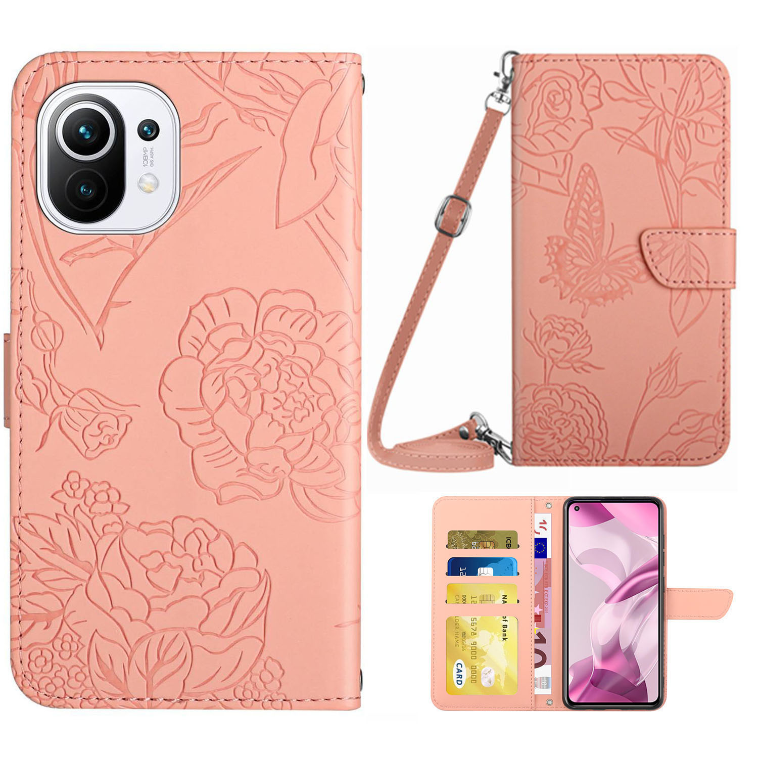 

Für Xiaomi Mi 11 Schmetterlingsblüte Muster Geprägt PU Leder Magnetic Flip Cover Schultergurt Ständer Funktionen Geldbeutelasche - Rosa, Xiaomi Mi 11