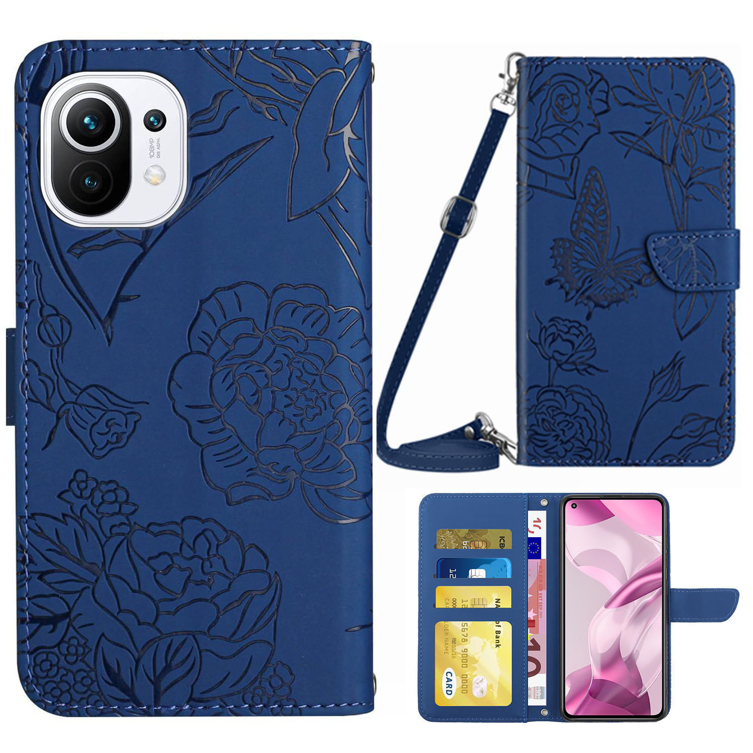 

Für Xiaomi Mi 11 Schmetterlingsblüte Muster Geprägt PU Leder Magnetic Flip Cover Schultergurt Ständer Funktionen Geldbeutelasche - Blau, Xiaomi Mi 11