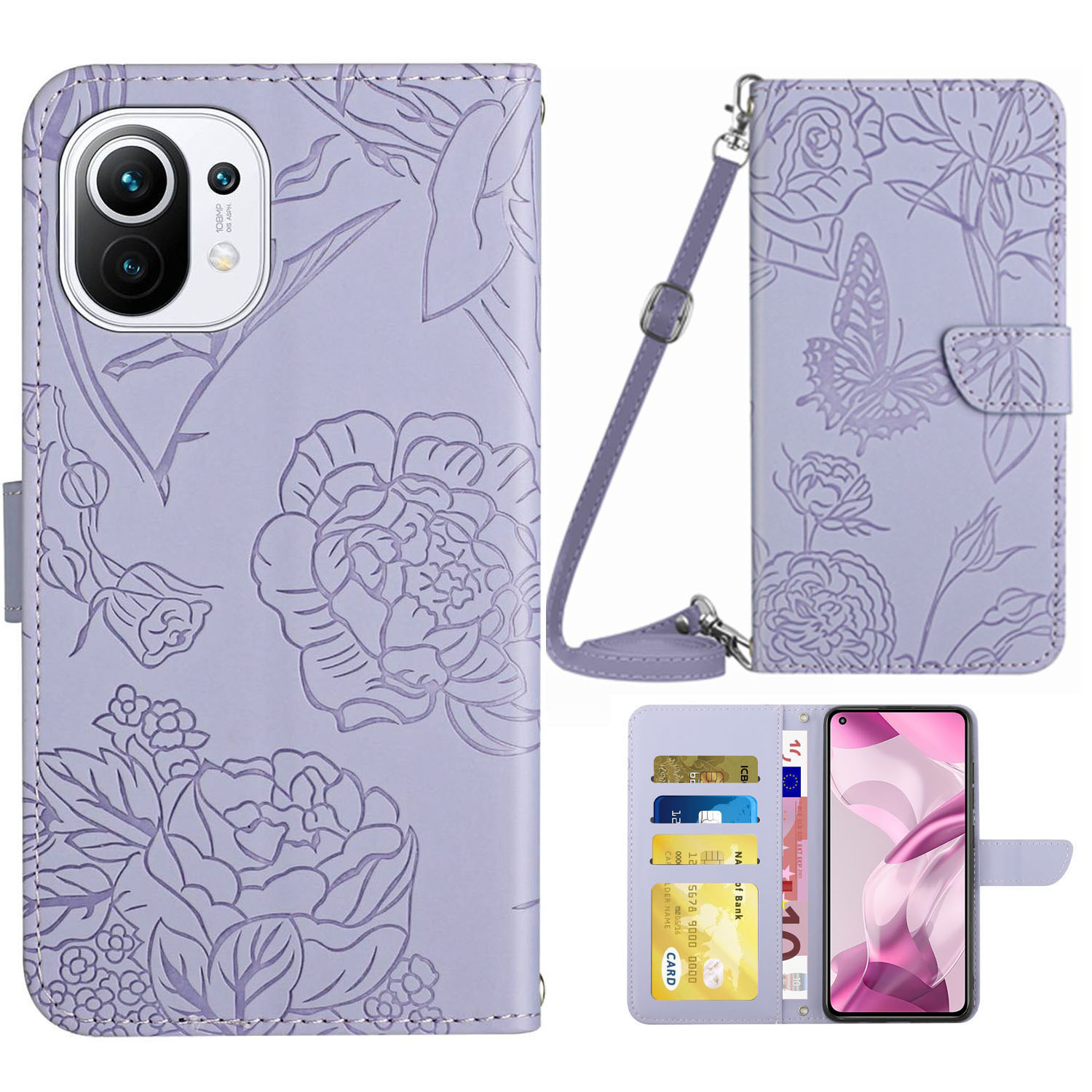 

Für Xiaomi Mi 11 Schmetterlingsblüte Muster Geprägt PU Leder Magnetic Flip Cover Schultergurt Ständer Funktionen Geldbeutelasche - Helles Lila, Xiaomi Mi 11