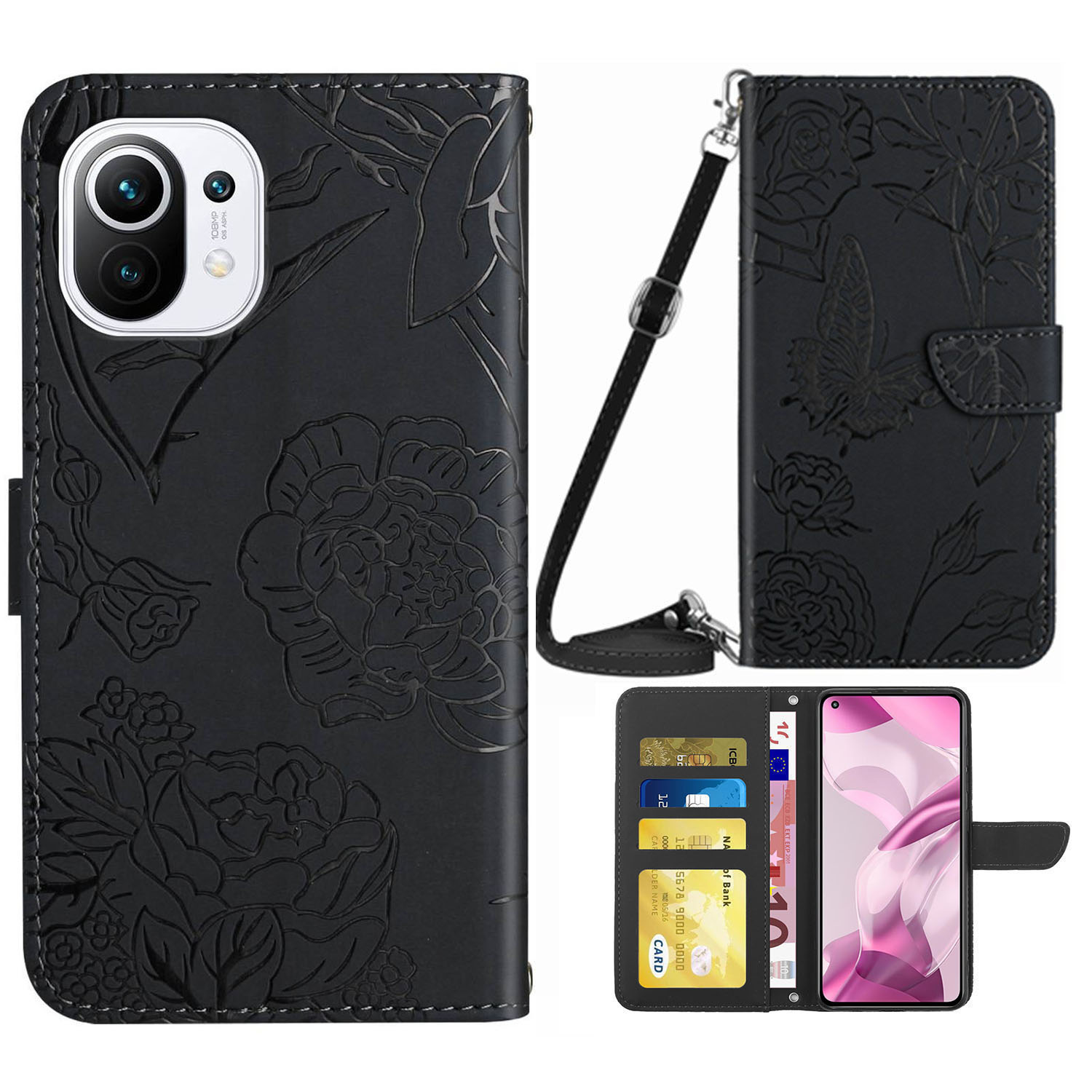 

Für Xiaomi Mi 11 Schmetterlingsblüte Muster Geprägt PU Leder Magnetic Flip Cover Schultergurt Ständer Funktionen Geldbeutelasche - Schwarz, Xiaomi Mi 11