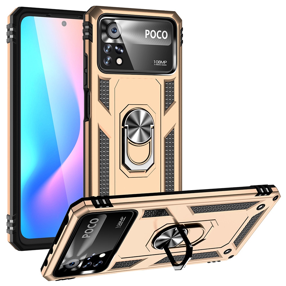 

Für Xiaomi Poco X4 Pro 5G Ring Kickstand Phone Case Soft TPU+Hard PC Military Schocksicheres Schutzschutzabdeckung - Gold, Xiaomi Poco X4 Pro 5G