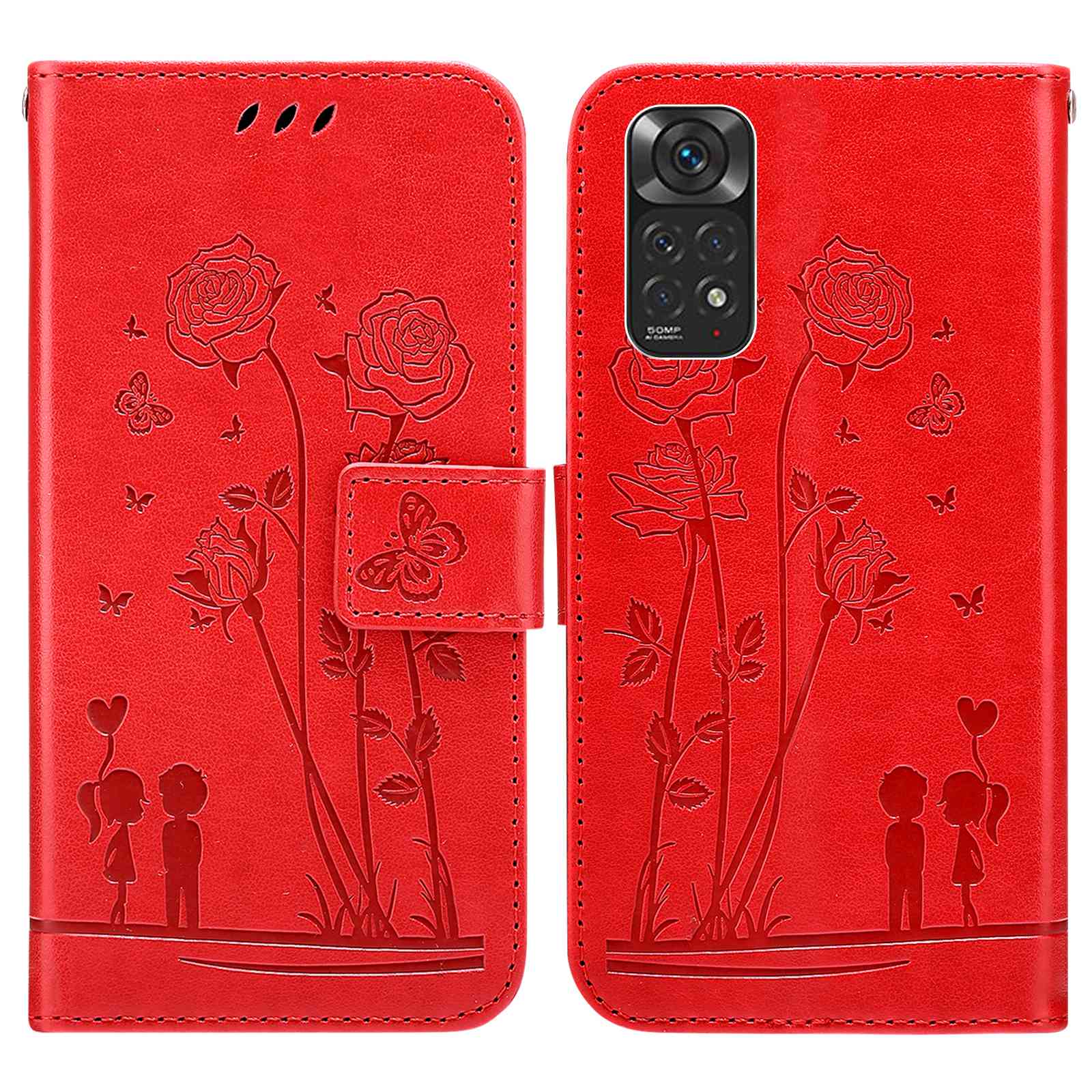 

Für Xiaomi Redmi Note 11s 4G/Note 11 4G (Qualcomm) Sprengpaar Und Blumen Muster PU Leder Telefonhülle Mit Brieftasche - Rot, Xiaomi Redmi Note 11S 4G