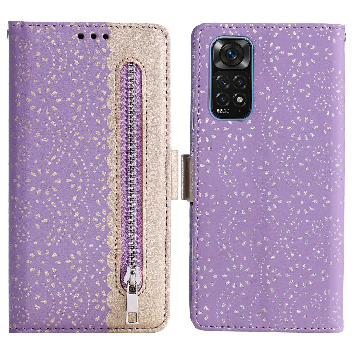 

For Xiaomi Redmi Note 11 4G (Qualcomm)/Redmi Note 11S 4G Zipper Wallet Case Lace Flower Pattern PU Leather Bowknot Wrist Strap Stand Phone Cover - Purple
