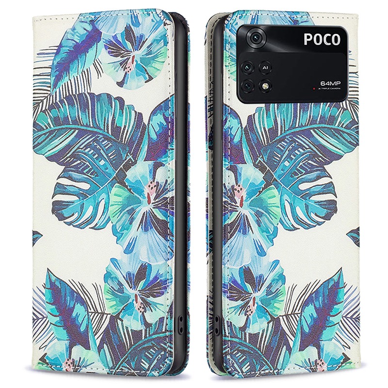 

BF Muster Druckleder Leder Serie-3 Für Xiaomi Poco M4 Pro 4G, Magnetisch Automatisch Absorbiert - Blaue Blätter, Xiaomi Poco M4 Pro 4G