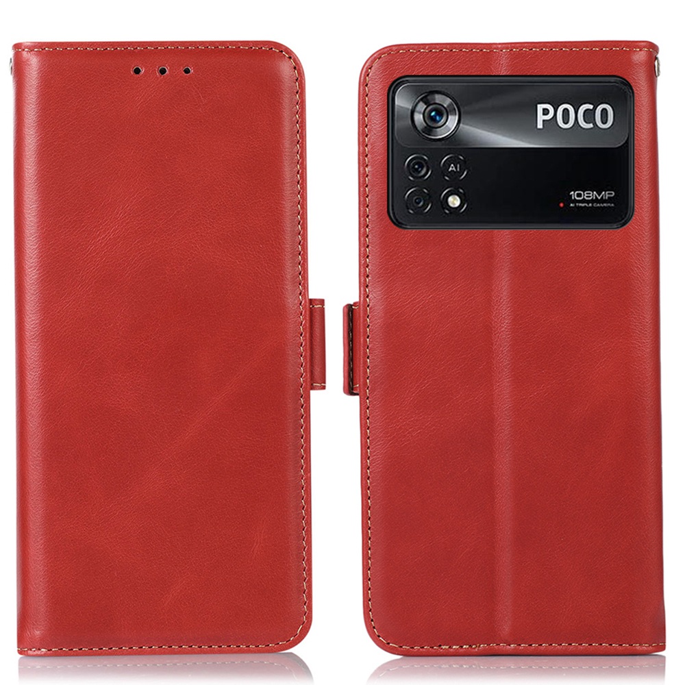 

Für Xiaomi Poco X4 Pro 5G Echte Cowhide Leder Shell Crazy Anti-drogen-pferdetextur Brieftasche Rfid-blockierungsständer Schutz Telefonabdeckung - Rot, Xiaomi Poco X4 Pro 5G