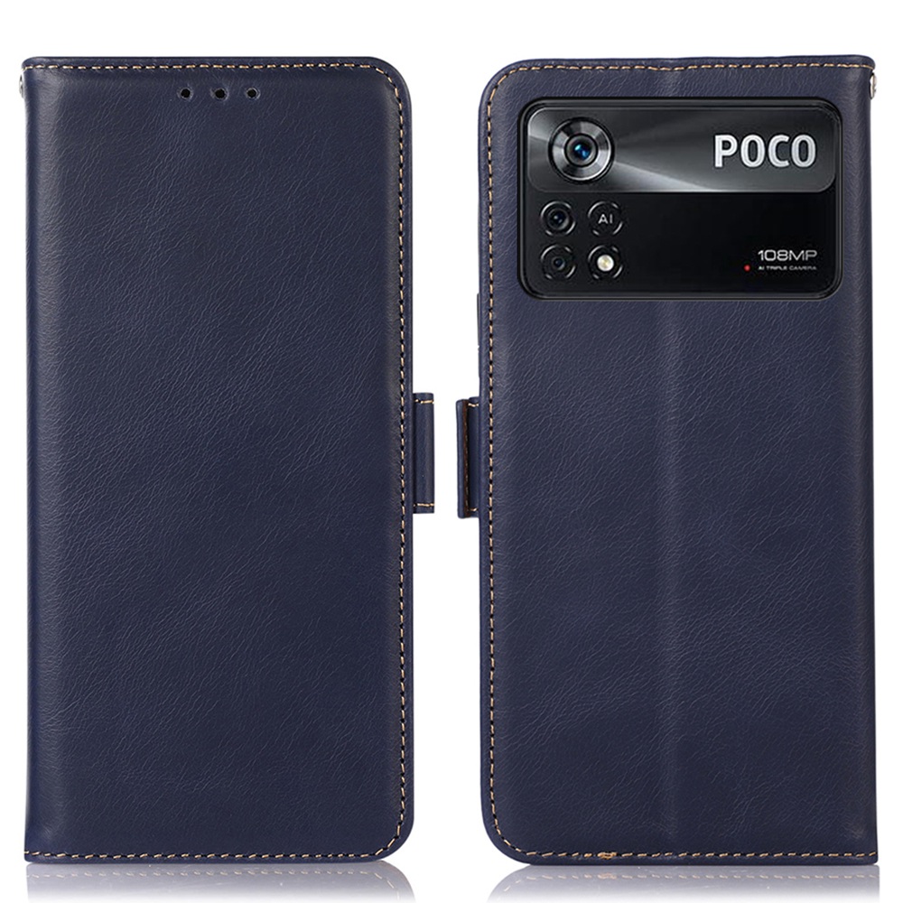 

Für Xiaomi Poco X4 Pro 5G Echte Cowhide Leder Shell Crazy Anti-drogen-pferdetextur Brieftasche Rfid-blockierungsständer Schutz Telefonabdeckung - Blau, Xiaomi Poco X4 Pro 5G