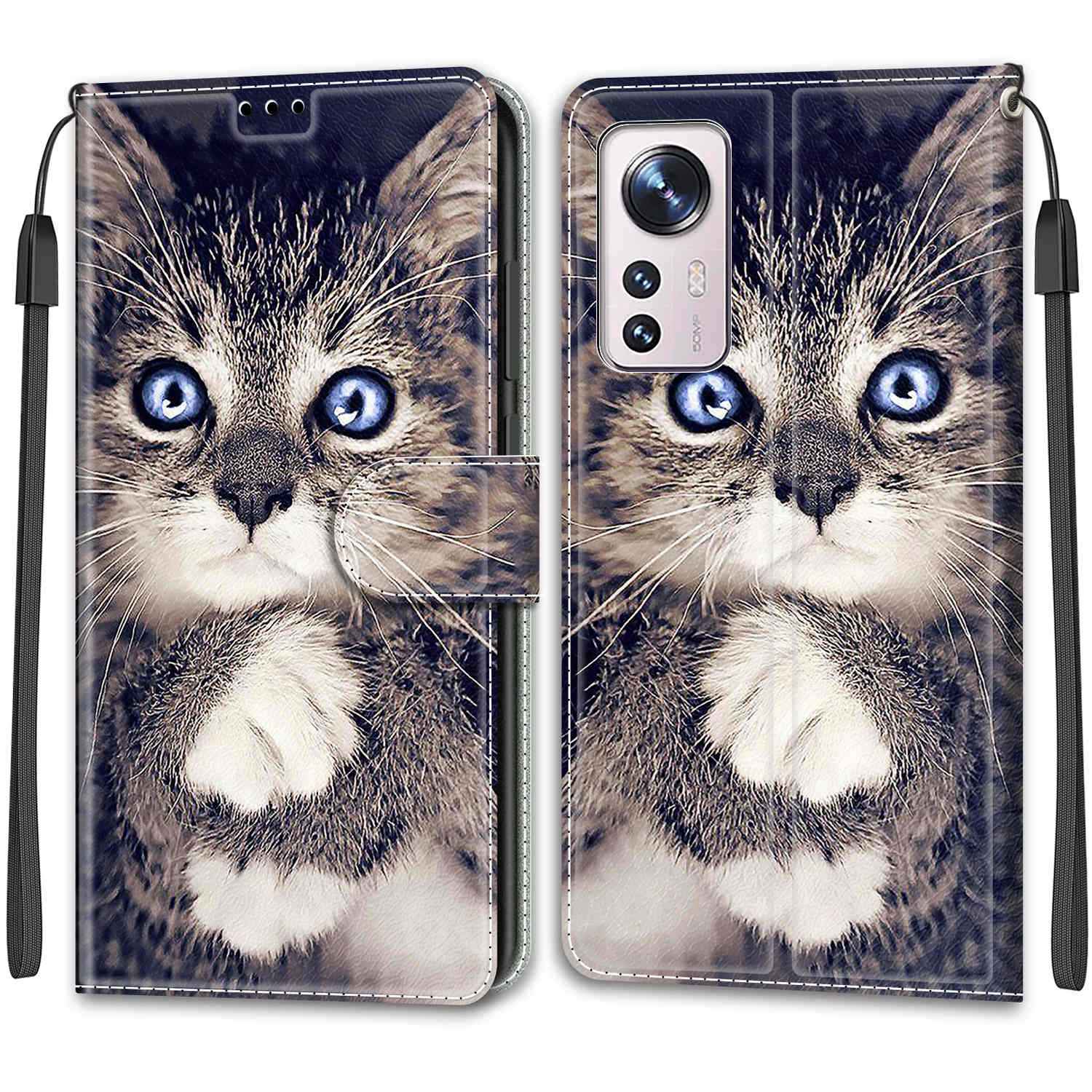 

Musterdruckdesign PU Leder Telefonhülle Für Xiaomi 12/12x/12s 5g/12s 5G, Magnetic Clasp-design Anti-drogen-lederhülle Mit Riemen - C02 White Clawed Cat, Xiaomi 12 5G