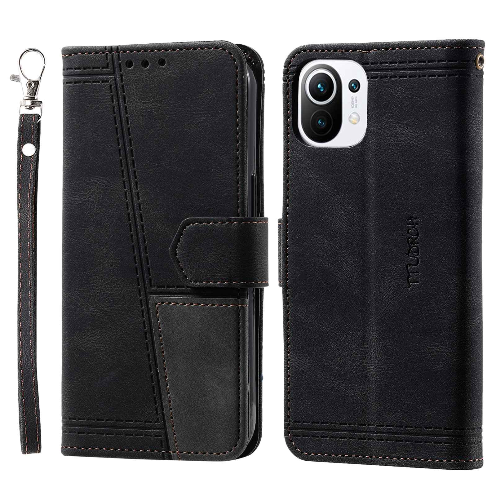 

Для Xiaomi Mi 11 Lite 4G/5G/11 Lite 5G NE TTUDRCH SKIN-TOUCH CUTH FLIP FOLIO FOLIO 004 Сплайсинг Кошелек RFID Blocking Cope Cope С Ремешком - Чернить, Xiaomi Mi 11 Lite 4G