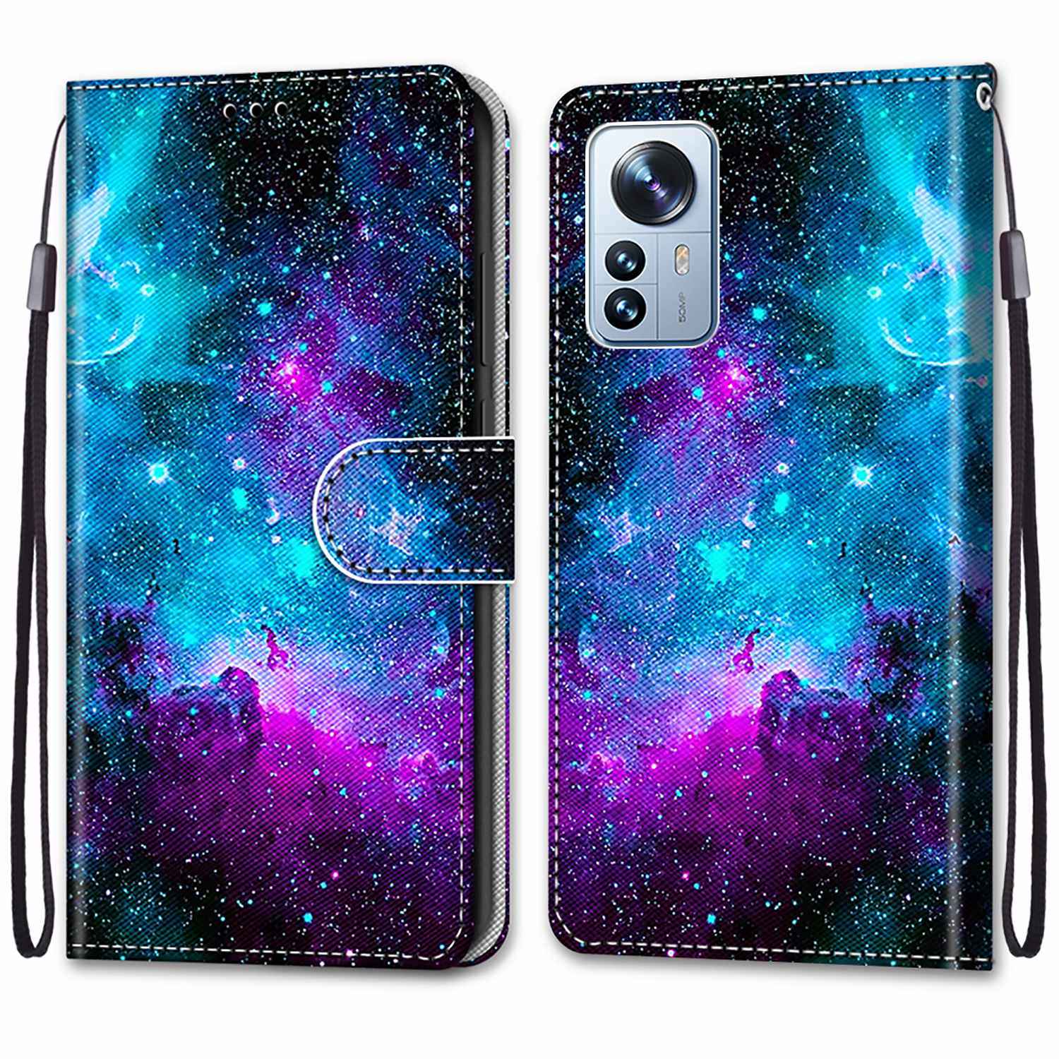 

Neuartige Musterdruckpu -leder -telefonschale Für Xiaomi 12 Pro 5g/12s Pro 5G/12 Pro (abmessung) 5G, Magnetverschluss Brieftasche Lederhülle + Riemen - B15 Purpur/grüner Sternenhimmel, Xiaomi 12 Pro 5G