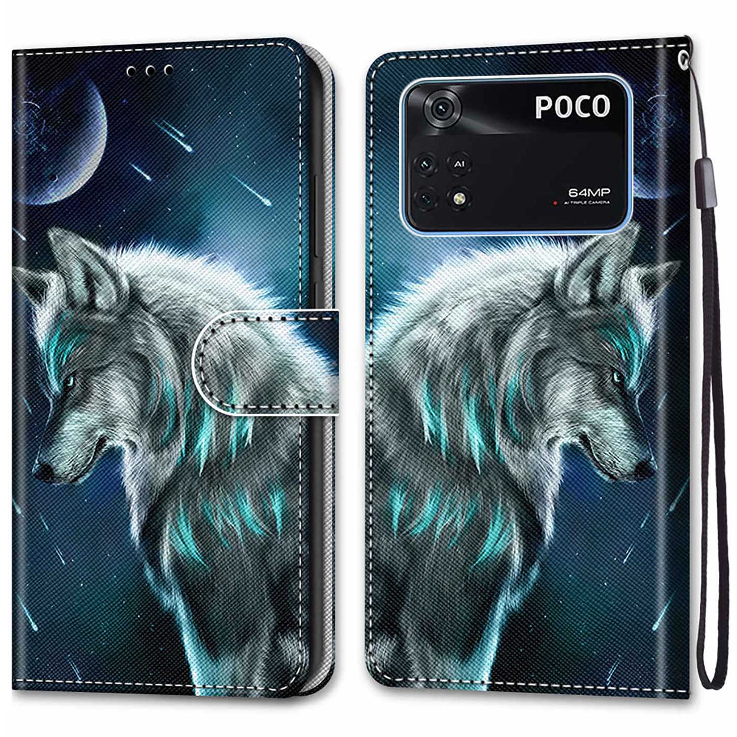 

Für Xiaomi Poco M4 Pro 4G Muster Druck PU Leder + TPU Phone Hülle Ballet Wallet Flip Cover Mit Riemen - A11 Meteor/Wolf, Xiaomi Poco M4 Pro 4G
