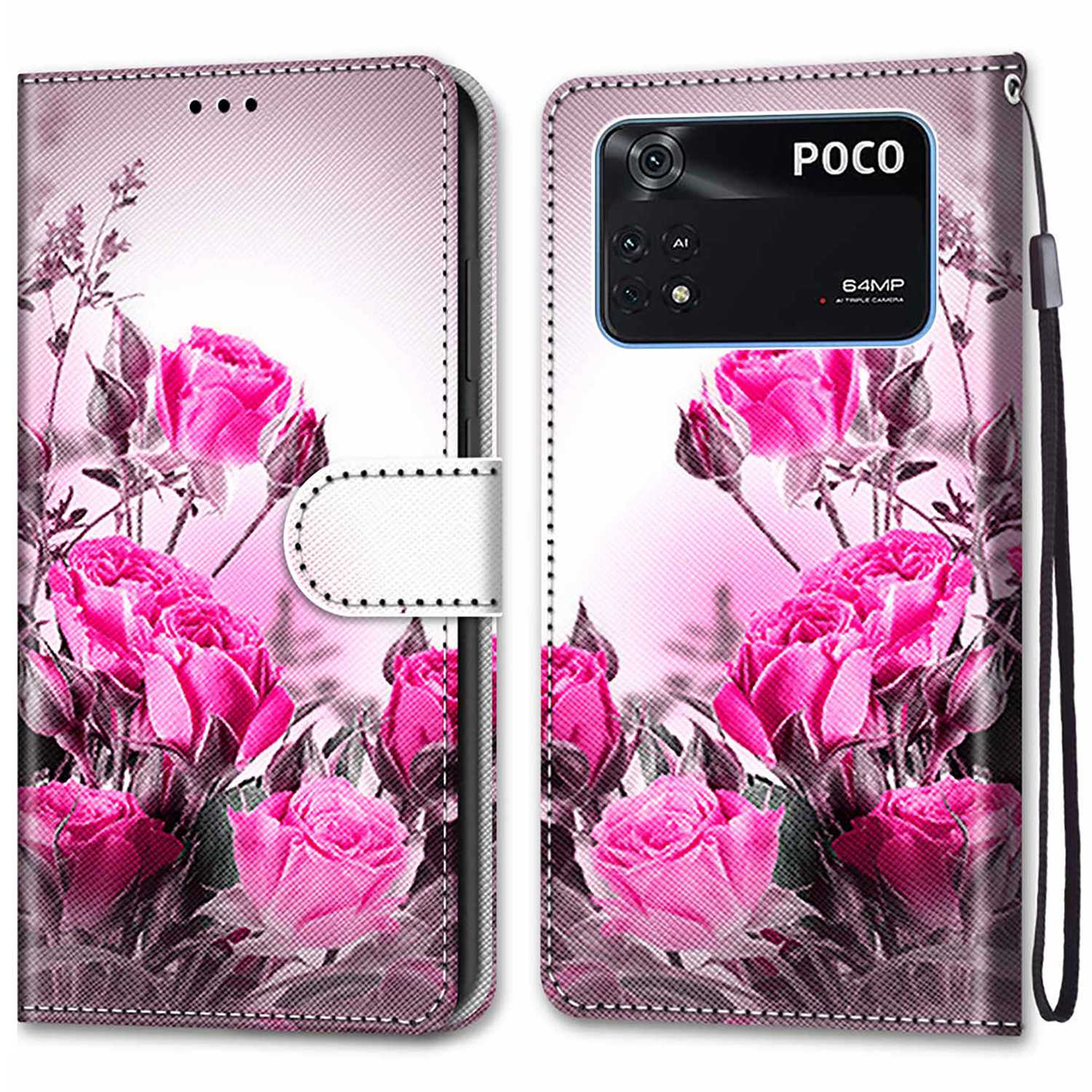 

Für Xiaomi Poco M4 Pro 4G Muster Druck PU Leder + TPU Phone Hülle Ballet Wallet Flip Cover Mit Riemen - A14 Pink Roses, Xiaomi Poco M4 Pro 4G