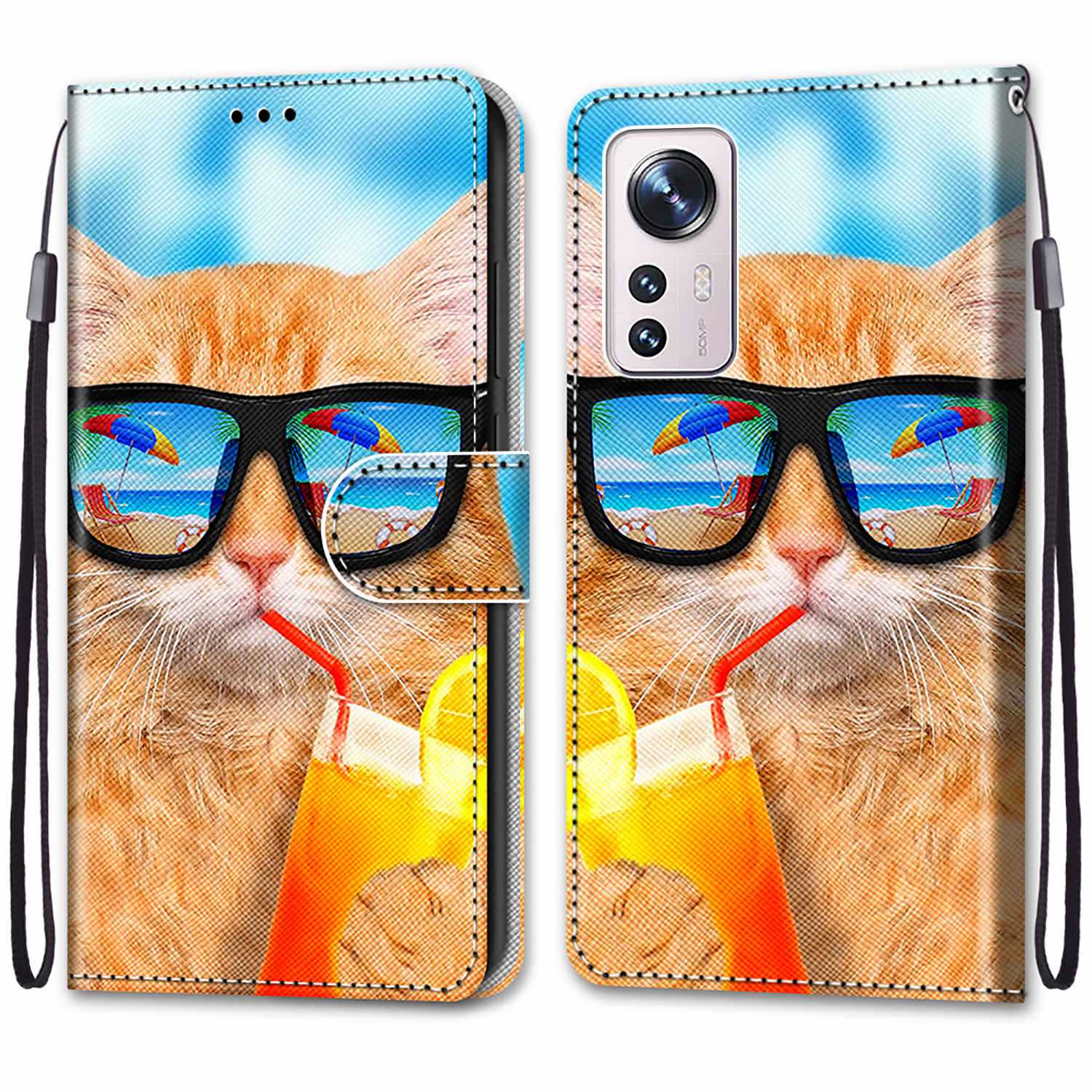 

Für Xiaomi 12 Pro 5g/12s Pro 5G/12 Pro (abmessung) 5G PU Leder Brieftaschen-muster Druckmagnetabschluss-ständer Mit Anti-drop-schutzabdeckung Mit Armbandriemen - A05 Katze/soda, Xiaomi 12 Pro 5G