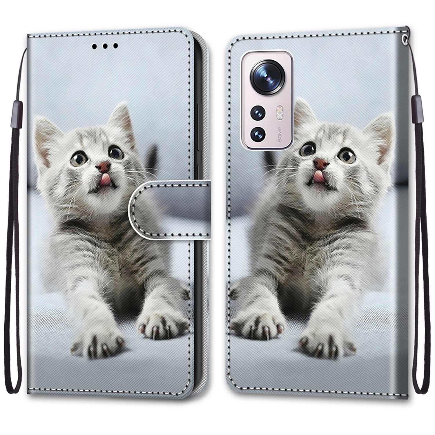 

Für Xiaomi 12 Pro 5g/12s Pro 5G/12 Pro (abmessung) 5G PU Leder Brieftaschen-muster Druckmagnetabschluss-ständer Mit Anti-drop-schutzabdeckung Mit Armbandriemen - A23 Graue Katze, Xiaomi 12 Pro 5G