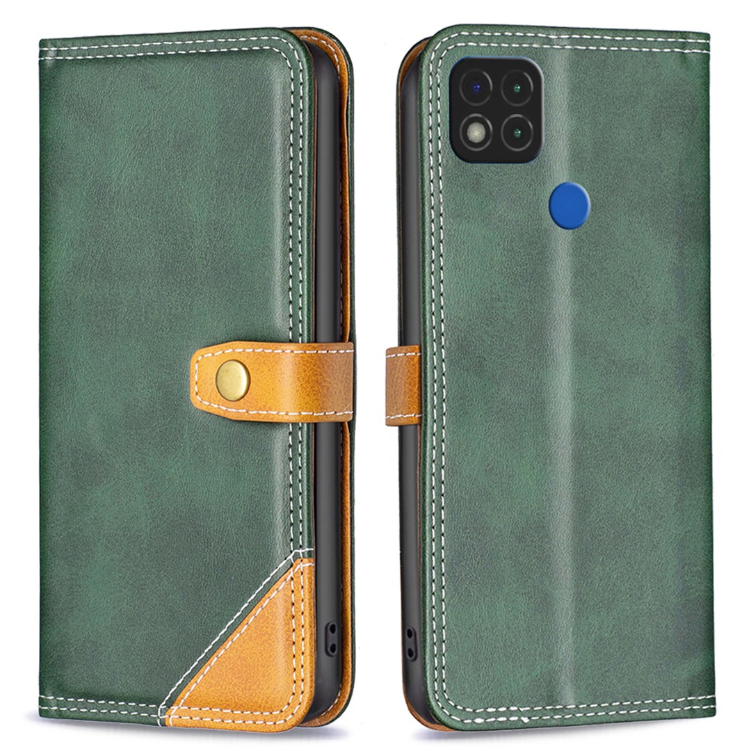 

Binfen Farbe BF Leder Serie-8 Für Xiaomi Redmi 9C/10A/9C NFC 12 Style Spleißleder-leder-hülle Doppelstich-linien Standkartenhalter Telefonabdeckung - Grün, Xiaomi Redmi 9C