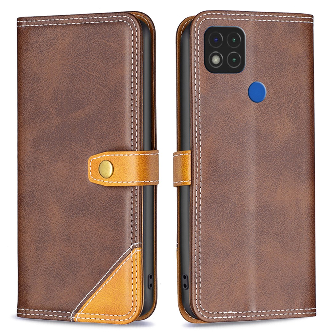 

Binfen Farbe BF Leder Serie-8 Für Xiaomi Redmi 9C/10A/9C NFC 12 Style Spleißleder-leder-hülle Doppelstich-linien Standkartenhalter Telefonabdeckung - Kaffee, Xiaomi Redmi 9C