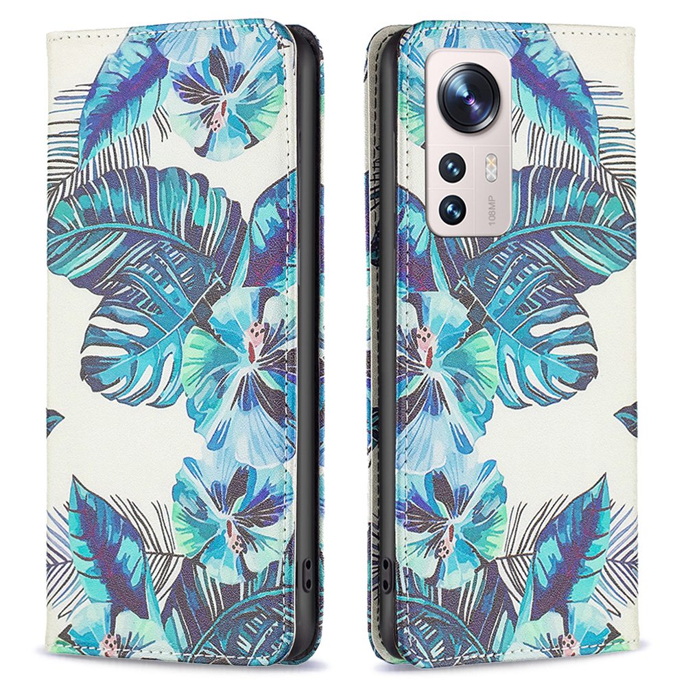 

BF Muster Druckleder Leder Serie-3 Für Xiaomi 12 Lite Muster Druckstillstand PU Lederabdeckung Magnetische Schließung Telefonhülle - Blaue Blätter, Xiaomi 12 Lite 5G