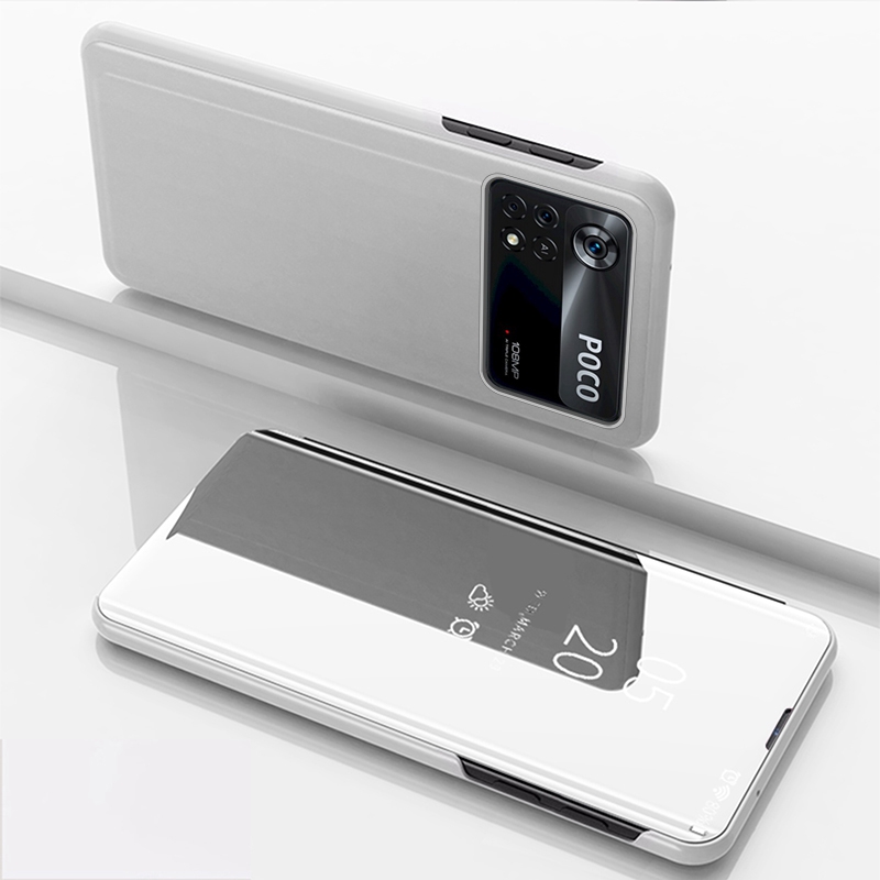 

Für Xiaomi Poco X4 Pro 5G Spiegeloberflächenelektroplierendes Design PU Leder+pc Clear View Window Phone Hülle Mit Ständer - Silber-, Xiaomi Poco X4 Pro 5G
