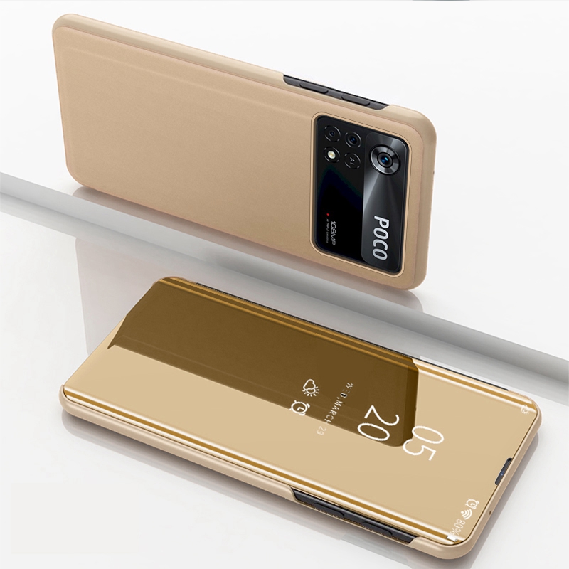 

Für Xiaomi Poco X4 Pro 5G Spiegeloberflächenelektroplierendes Design PU Leder+pc Clear View Window Phone Hülle Mit Ständer - Gold, Xiaomi Poco X4 Pro 5G
