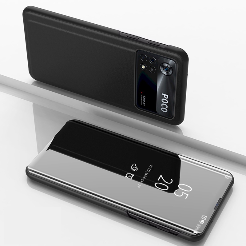 

Für Xiaomi Poco X4 Pro 5G Spiegeloberflächenelektroplierendes Design PU Leder+pc Clear View Window Phone Hülle Mit Ständer - Schwarz, Xiaomi Poco X4 Pro 5G
