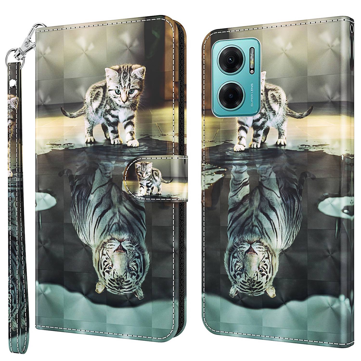 

Für Xiaomi Poco M4 5G / Redmi 10 5g / Redmi 10 Prime+ 5g / Redmi Note 11e 5G Wallet-muster Gedrucktes Telefongehäuse Gut Geschützte PU Leder Folio Flip Shell Mit Ständer - Katze Und Tiger, Xiaomi Poco M4 5G