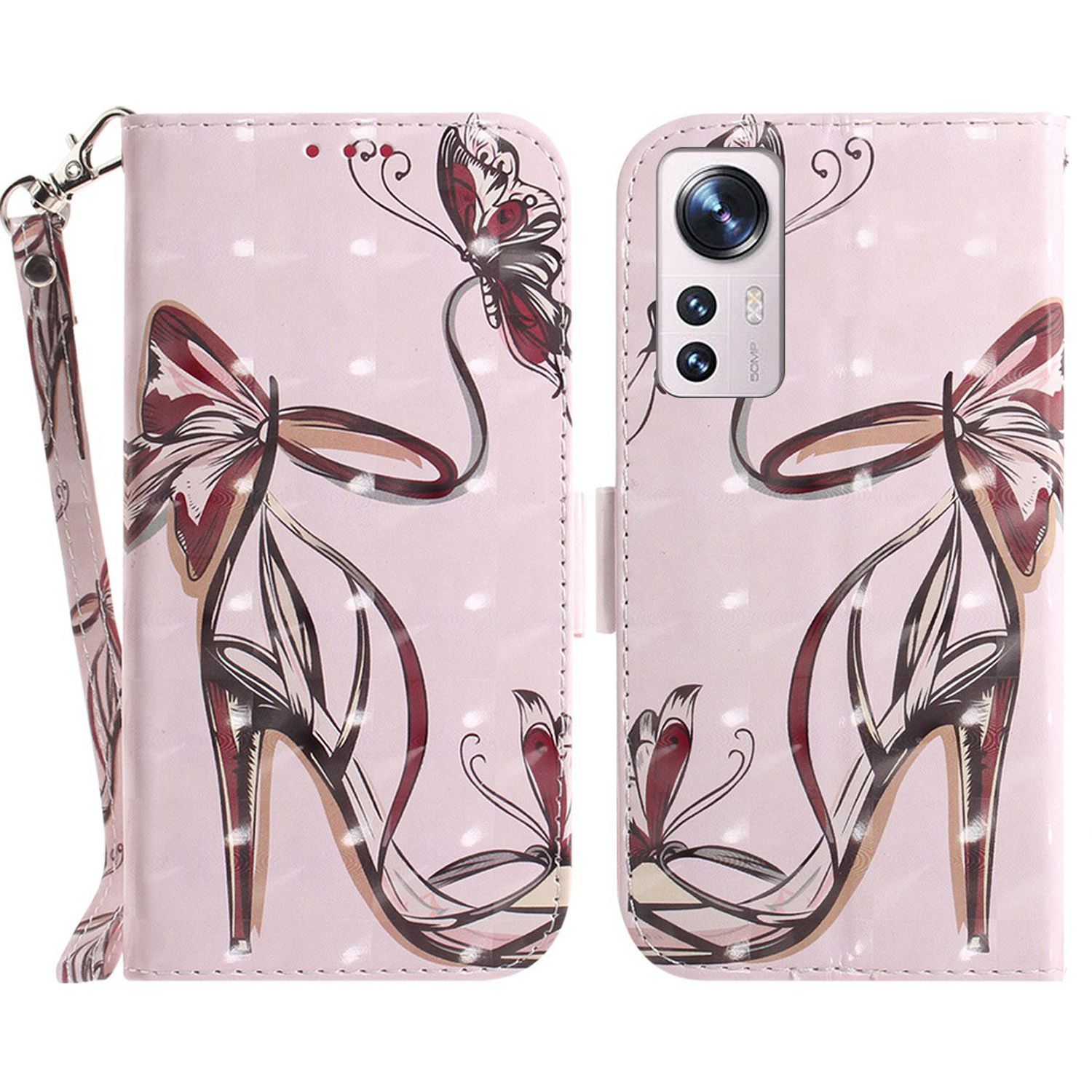

Für Xiaomi 12 Pro 5g/12s Pro 5G/12 Pro (abmessung) 5G Faltständer PU Leder Hülle Ganzkörper 3D -muster -druck -flip -brieftaschenabdeckung Mit Riemen - Schmetterling High Heels, Xiaomi 12 Pro 5G