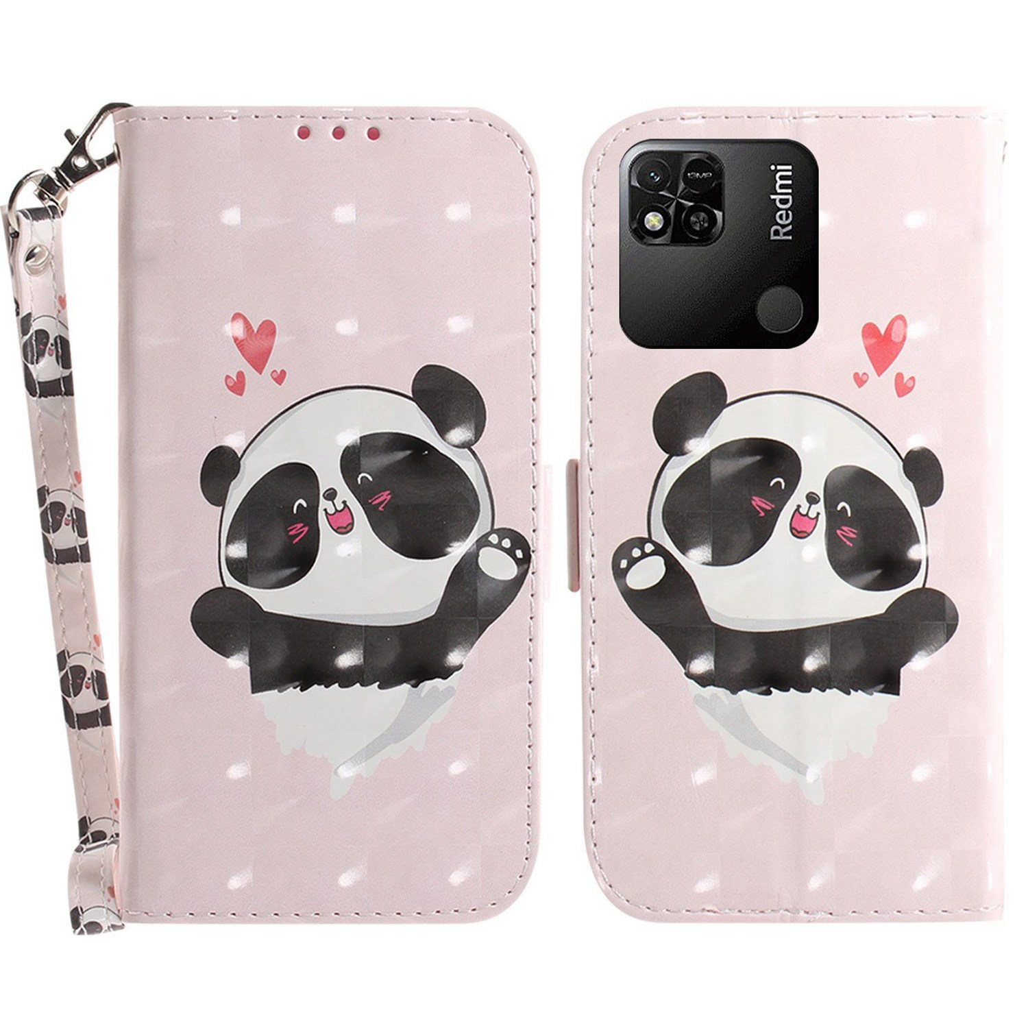 

Für Xiaomi Redmi 10A 3D -muster Druckleder Blätterbetrieb Wallet Schockfeste TPU Magnetische Verschlusshülle Mit Riemen - Liebe Panda, Xiaomi Redmi 10A