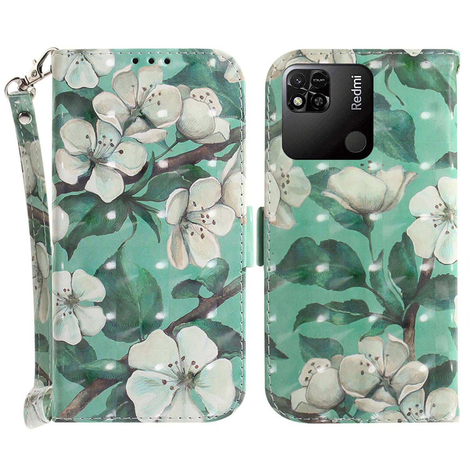 

Für Xiaomi Redmi 10A 3D -muster Druckleder Blätterbetrieb Wallet Schockfeste TPU Magnetische Verschlusshülle Mit Riemen - Aquarellblüten, Xiaomi Redmi 10A