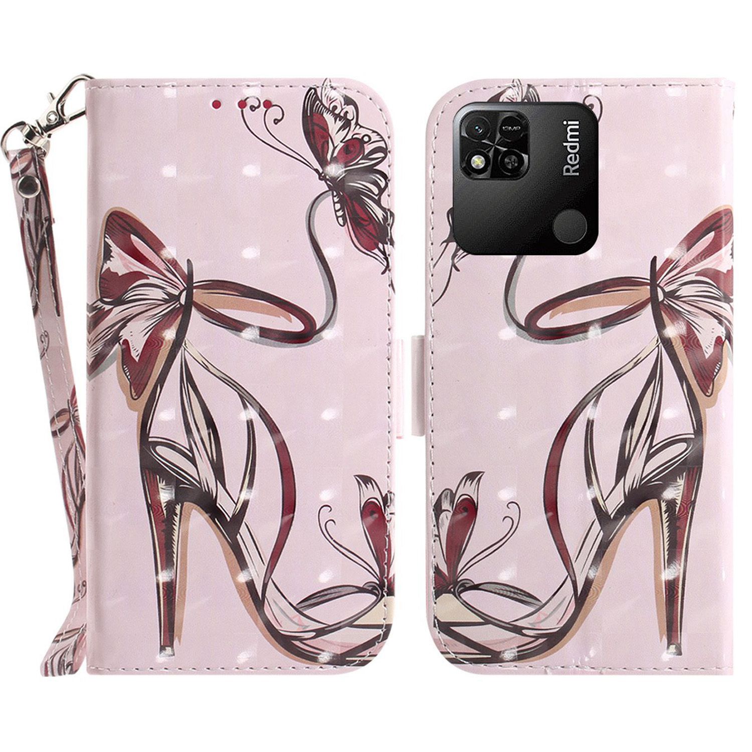 

Für Xiaomi Redmi 10A 3D -muster Druckleder Blätterbetrieb Wallet Schockfeste TPU Magnetische Verschlusshülle Mit Riemen - Schmetterling High Heels, Xiaomi Redmi 10A