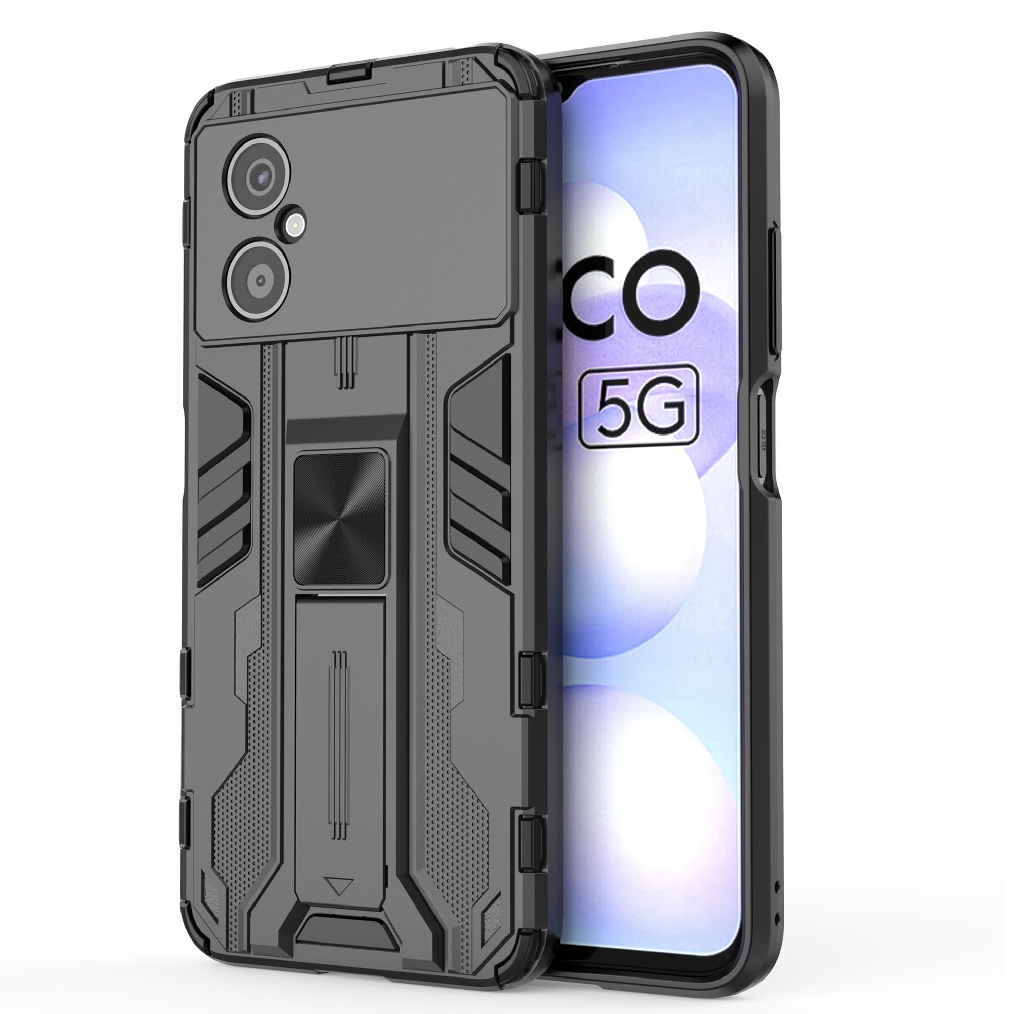 

Für Xiaomi Poco M4 5G Hochleistungs-Anti-Verschleiß-Hart-PC Weiches TPU Robustes Hybrid-Gehäuse Kickstand-Feature Schutzschale - Schwarz, Xiaomi Poco M4 5G