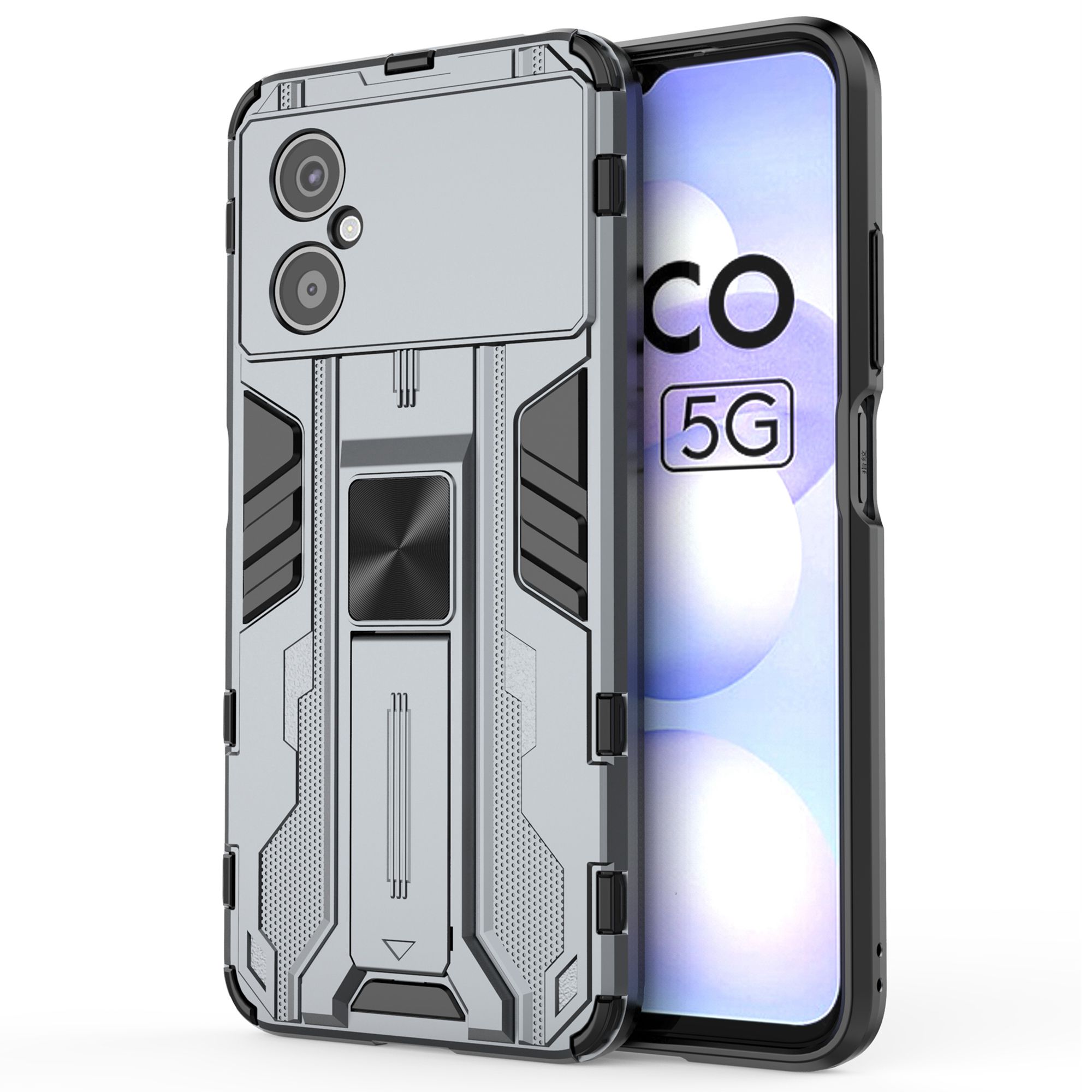 

Für Xiaomi Poco M4 5G Hochleistungs-Anti-Verschleiß-Hart-PC Weiches TPU Robustes Hybrid-Gehäuse Kickstand-Feature Schutzschale - Grau, Xiaomi Poco M4 5G