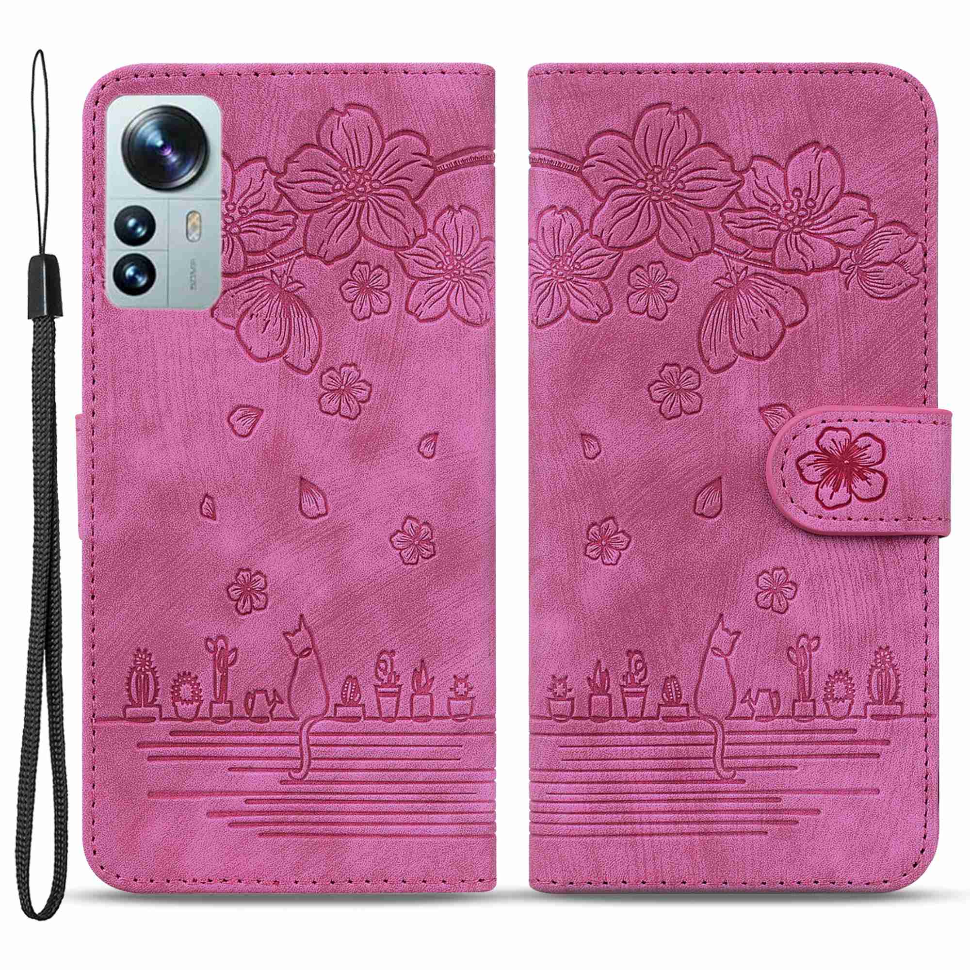 

Für Xiaomi 12 5g/12x 5g/12s 5G Kirschblütenkatze Geprägter Brieftaschenstil Lederverstellbares Ständer Design Mobiltelefon Mit Riemen - Rose, Xiaomi 12 5G