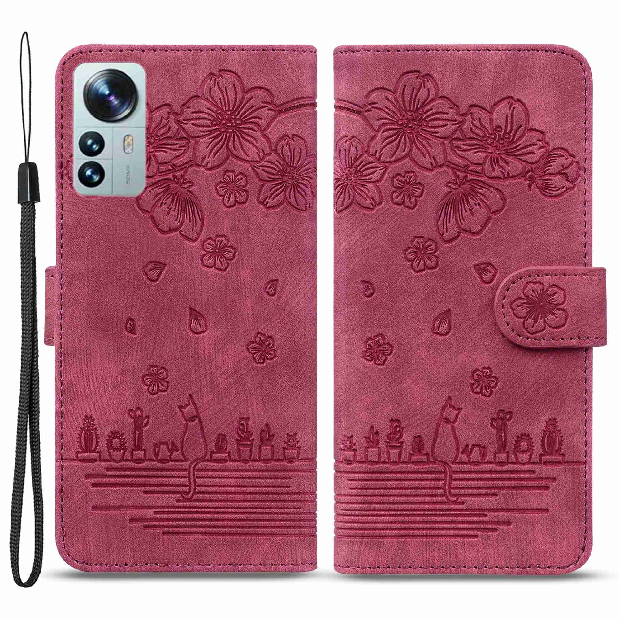 

Für Xiaomi 12 5g/12x 5g/12s 5G Kirschblütenkatze Geprägter Brieftaschenstil Lederverstellbares Ständer Design Mobiltelefon Mit Riemen - Weinrot, Xiaomi 12 5G