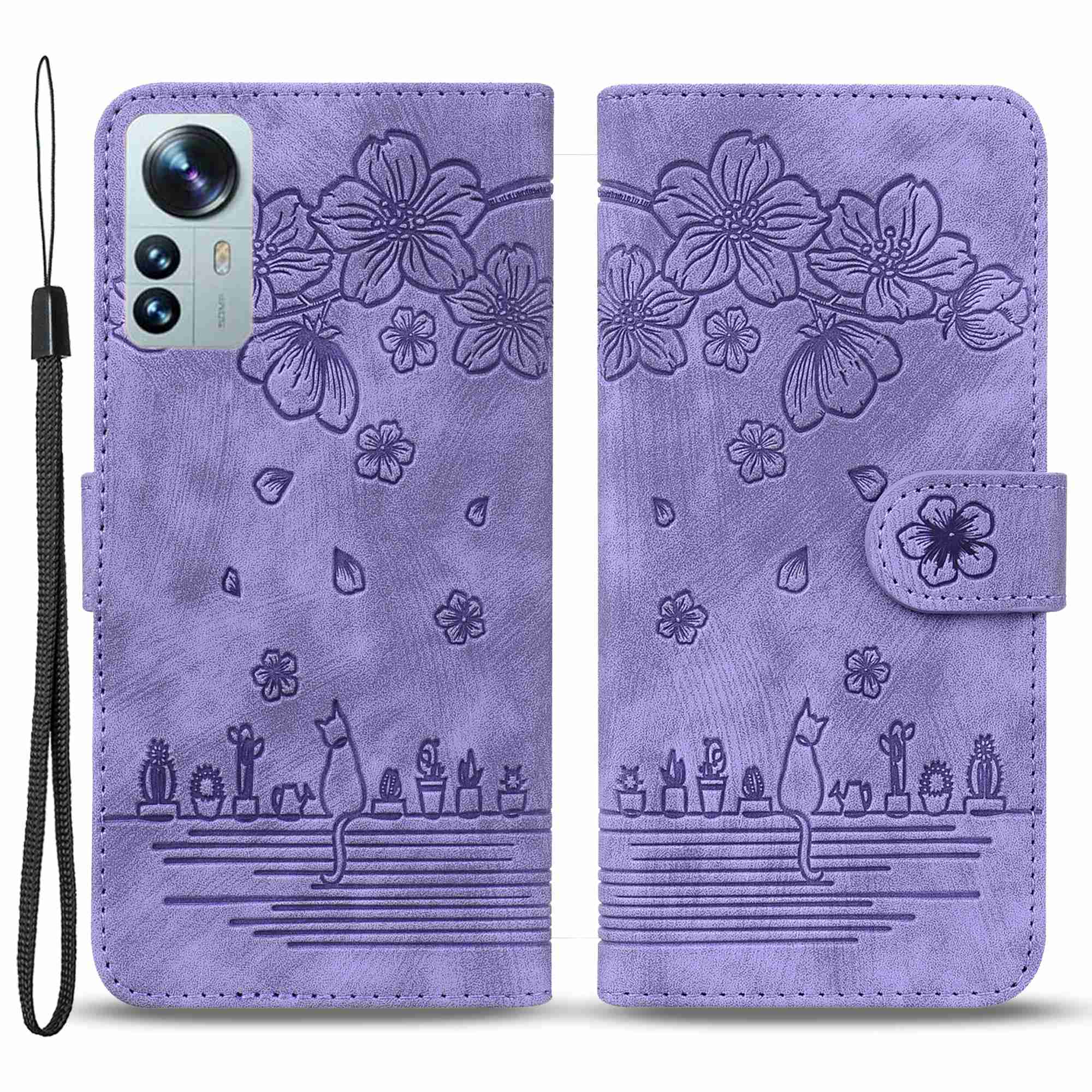 

Für Xiaomi 12 Pro 5g/12s Pro 5G/12 Pro (abmessung) 5G Wallet -stil -kirschblüten -katze Geprägte Lederfaltfunktion Mobilfunkhülle Mit Riemen - Violett, Xiaomi 12 Pro 5G