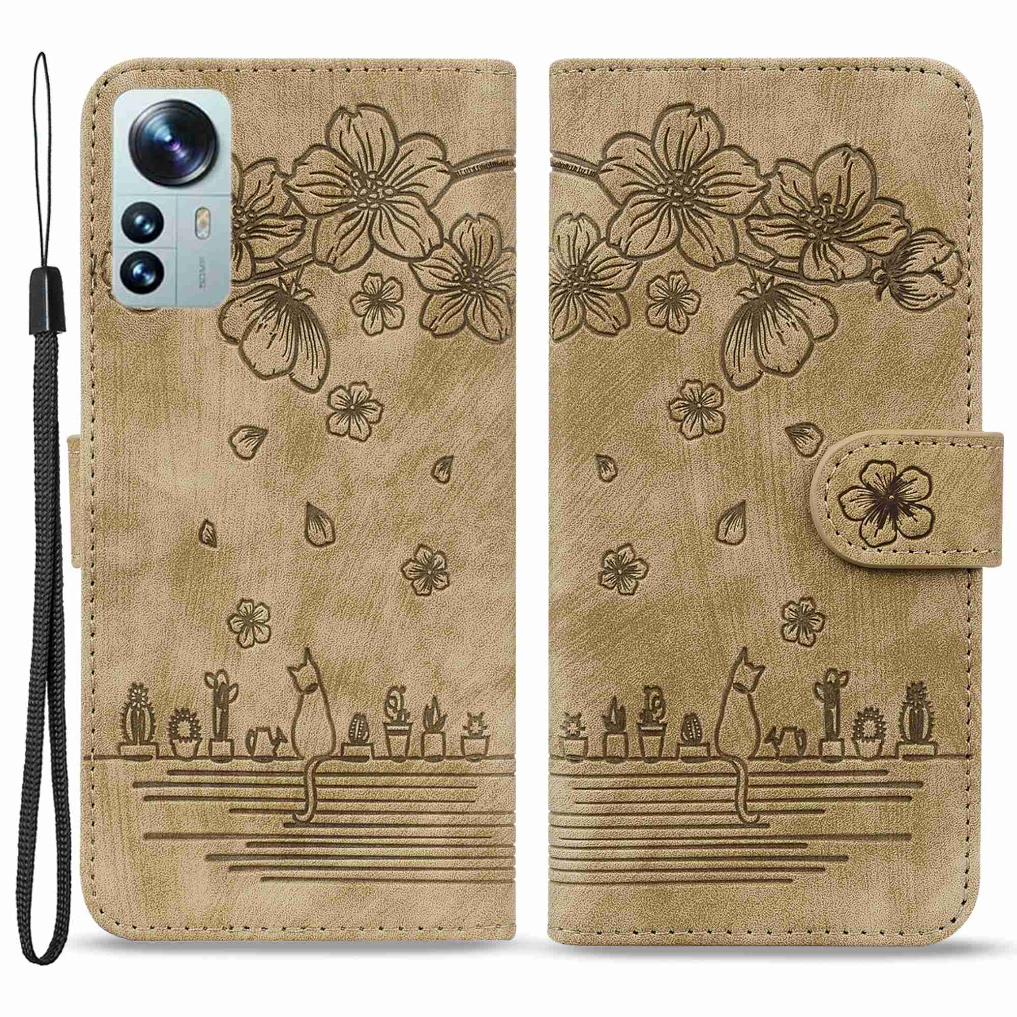 

Für Xiaomi 12 Pro 5g/12s Pro 5G/12 Pro (abmessung) 5G Wallet -stil -kirschblüten -katze Geprägte Lederfaltfunktion Mobilfunkhülle Mit Riemen - Braun, Xiaomi 12 Pro 5G