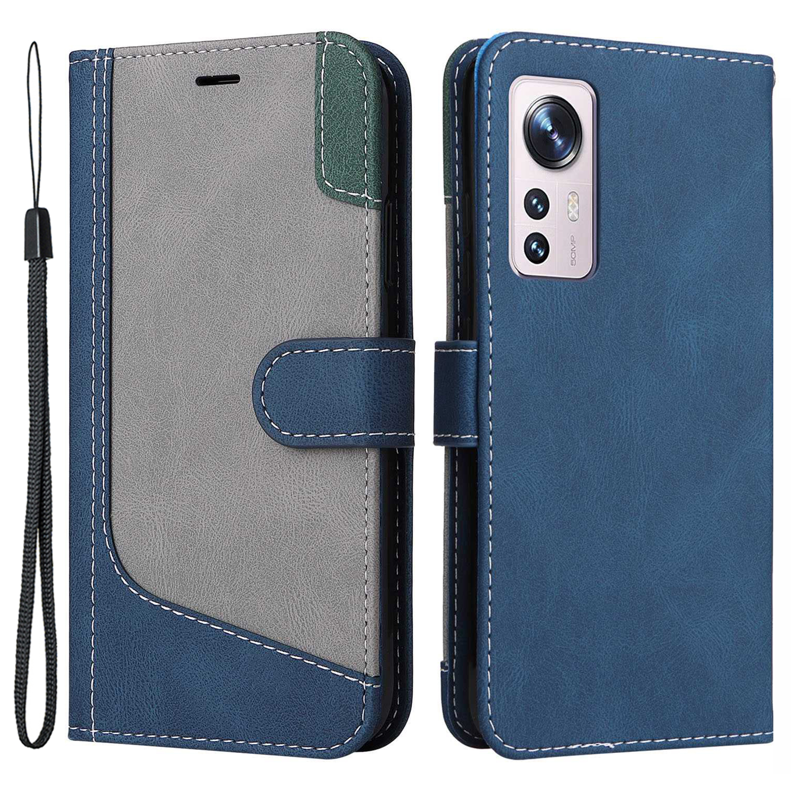 

Stand Wallet Phone Hülle Für Xiaomi 12 5g/12x 5g/12s 5G, PU Leder Tri-color-spleiß Gegen Den Schutzschutzschutz - Blau, Xiaomi 12 5G
