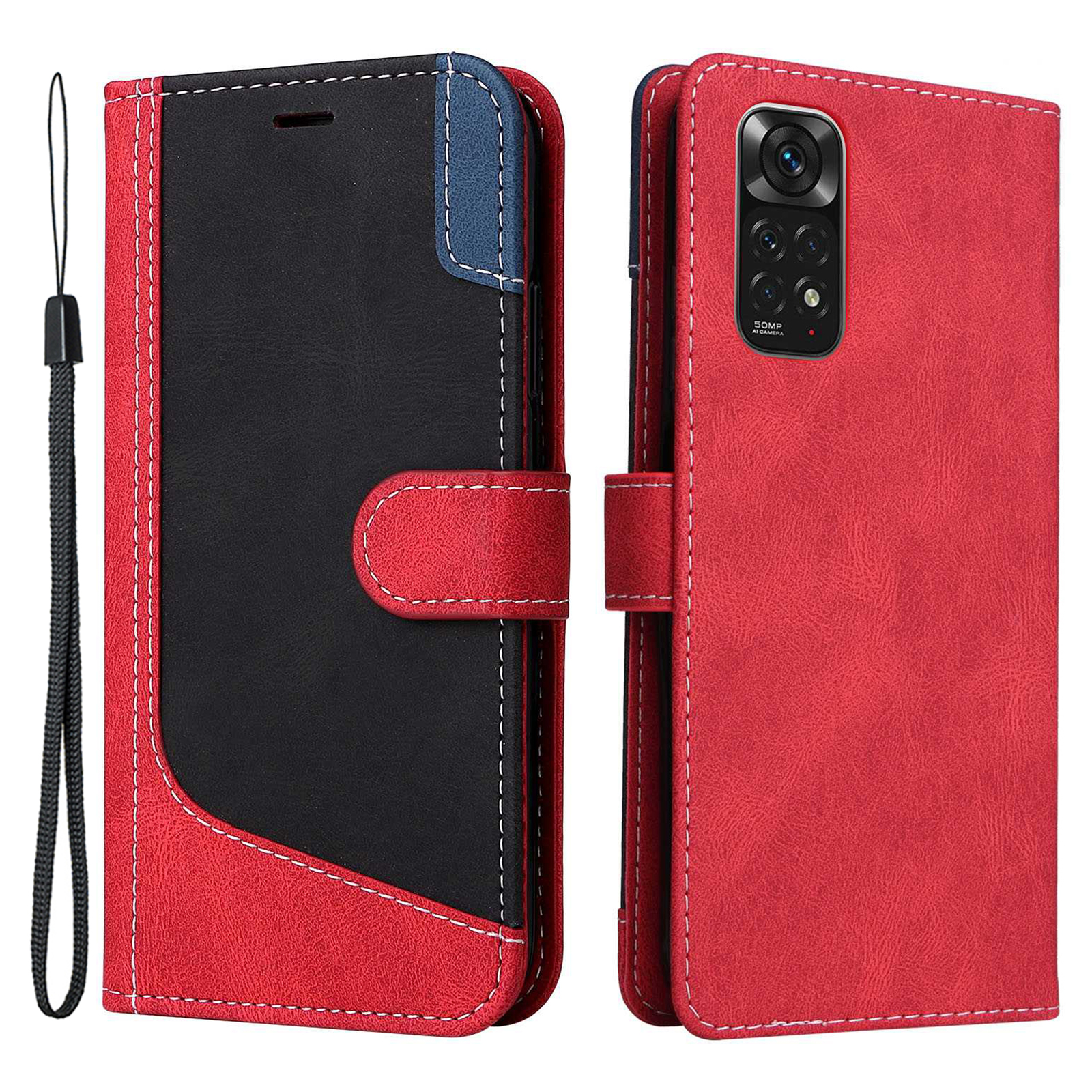 

Für Xiaomi Redmi Note 11 4G (Qualcomm)/Note 11s 4G Tri-Color-Spleißpuder PU-Leder-Hülle Telefonie-Brieftasche Mit Riemen - Rot, Xiaomi Redmi Note 11 4G (Qualcomm)