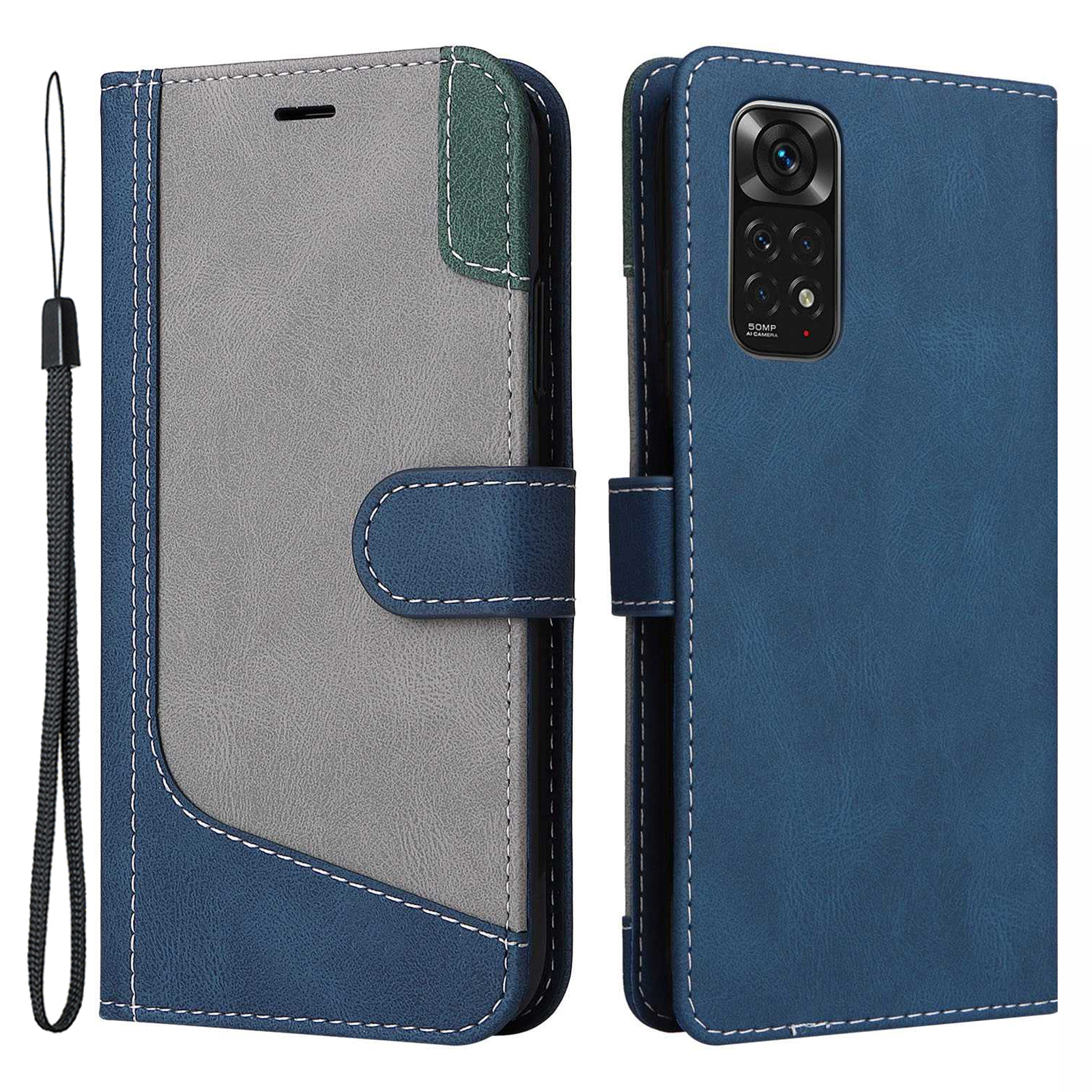 

Für Xiaomi Redmi Note 11 4G (Qualcomm)/Note 11s 4G Tri-Color-Spleißpuder PU-Leder-Hülle Telefonie-Brieftasche Mit Riemen - Blau, Xiaomi Redmi Note 11 4G (Qualcomm)
