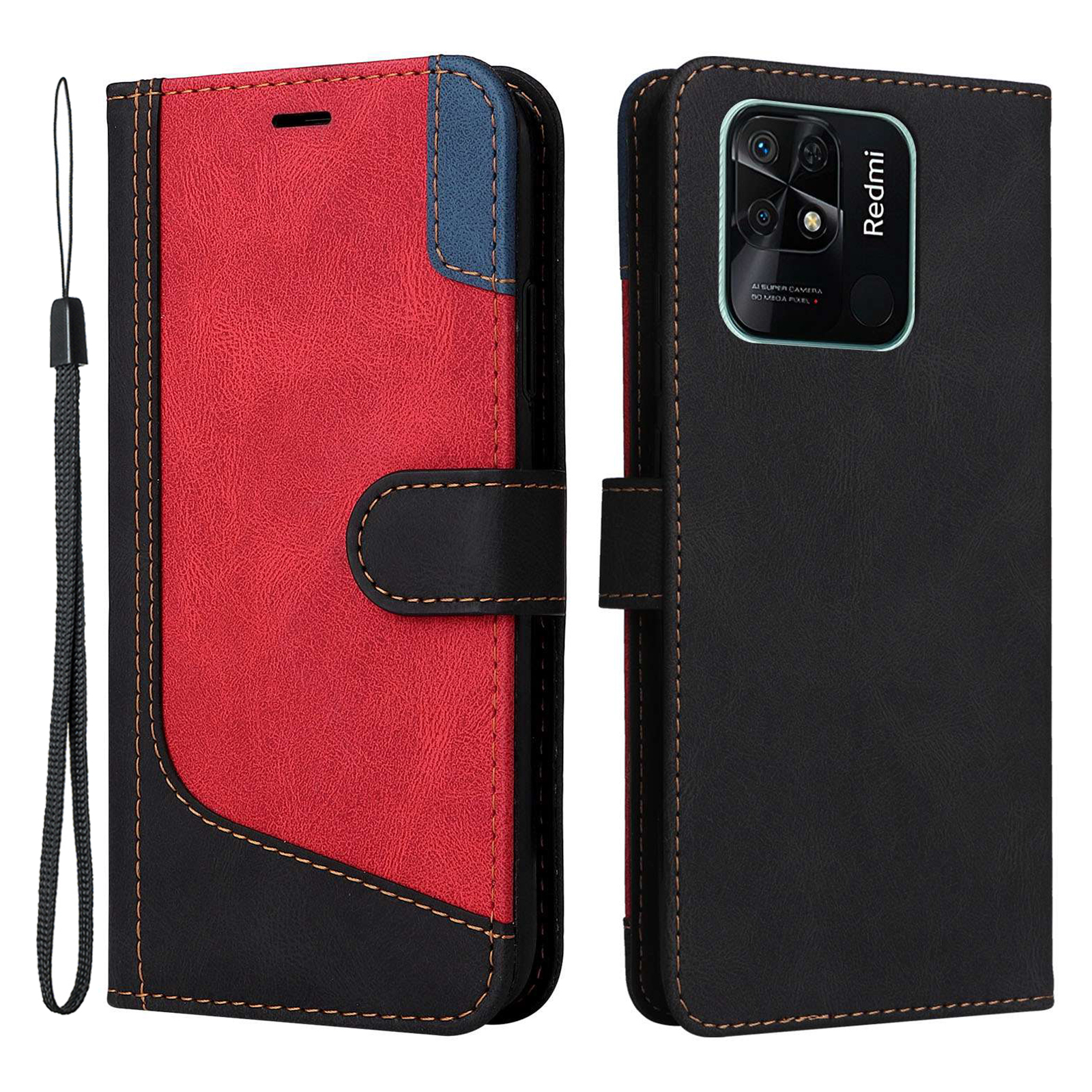 

Tri-color Spleißen Flip Phone Hülle Für Xiaomi Redmi 10C, Stoßdämpferung Pu-lederabdeckung Mit Stand Wallet - Schwarz, Xiaomi Redmi 10C 4G