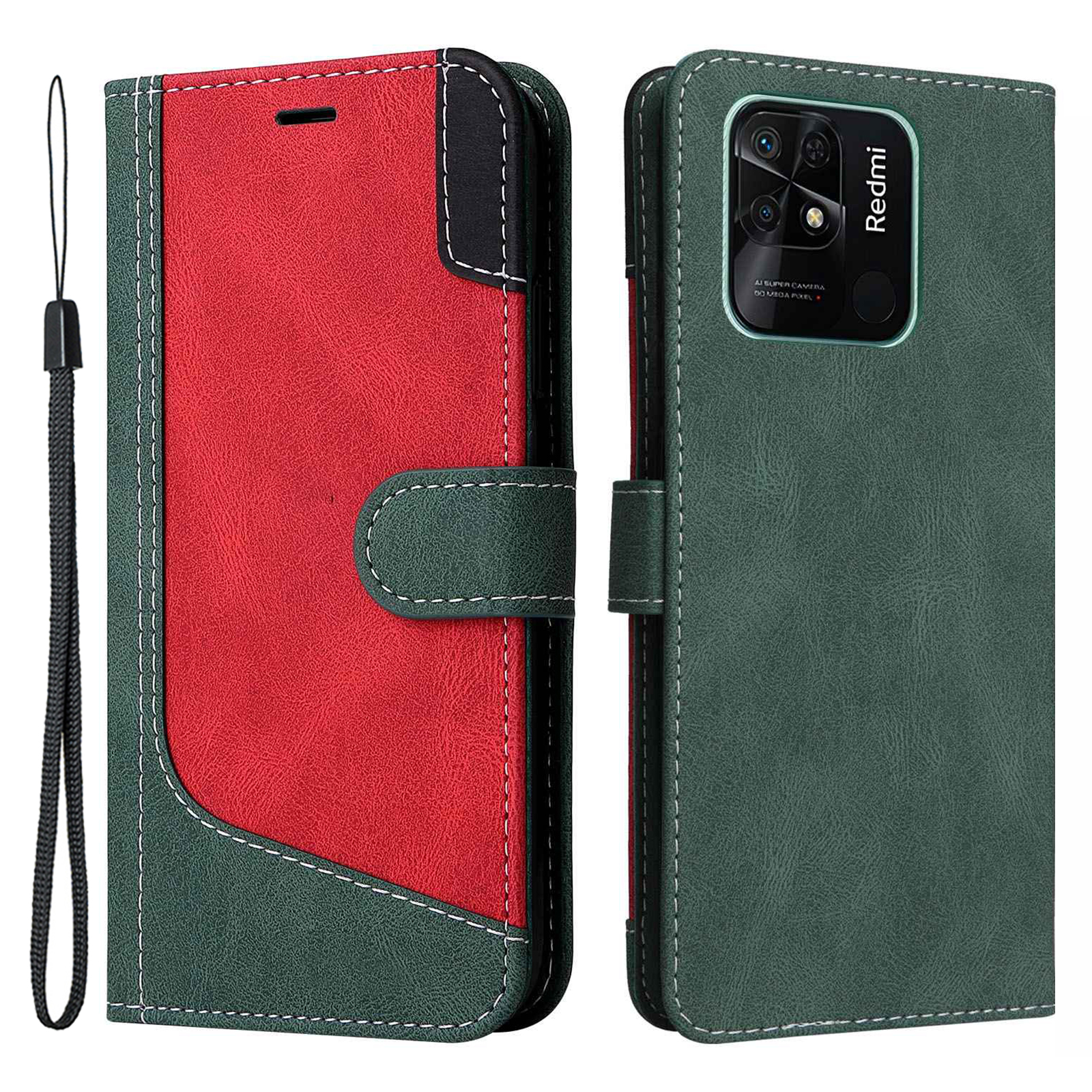 

Tri-color Spleißen Flip Phone Hülle Für Xiaomi Redmi 10C, Stoßdämpferung Pu-lederabdeckung Mit Stand Wallet - Grün, Xiaomi Redmi 10C 4G