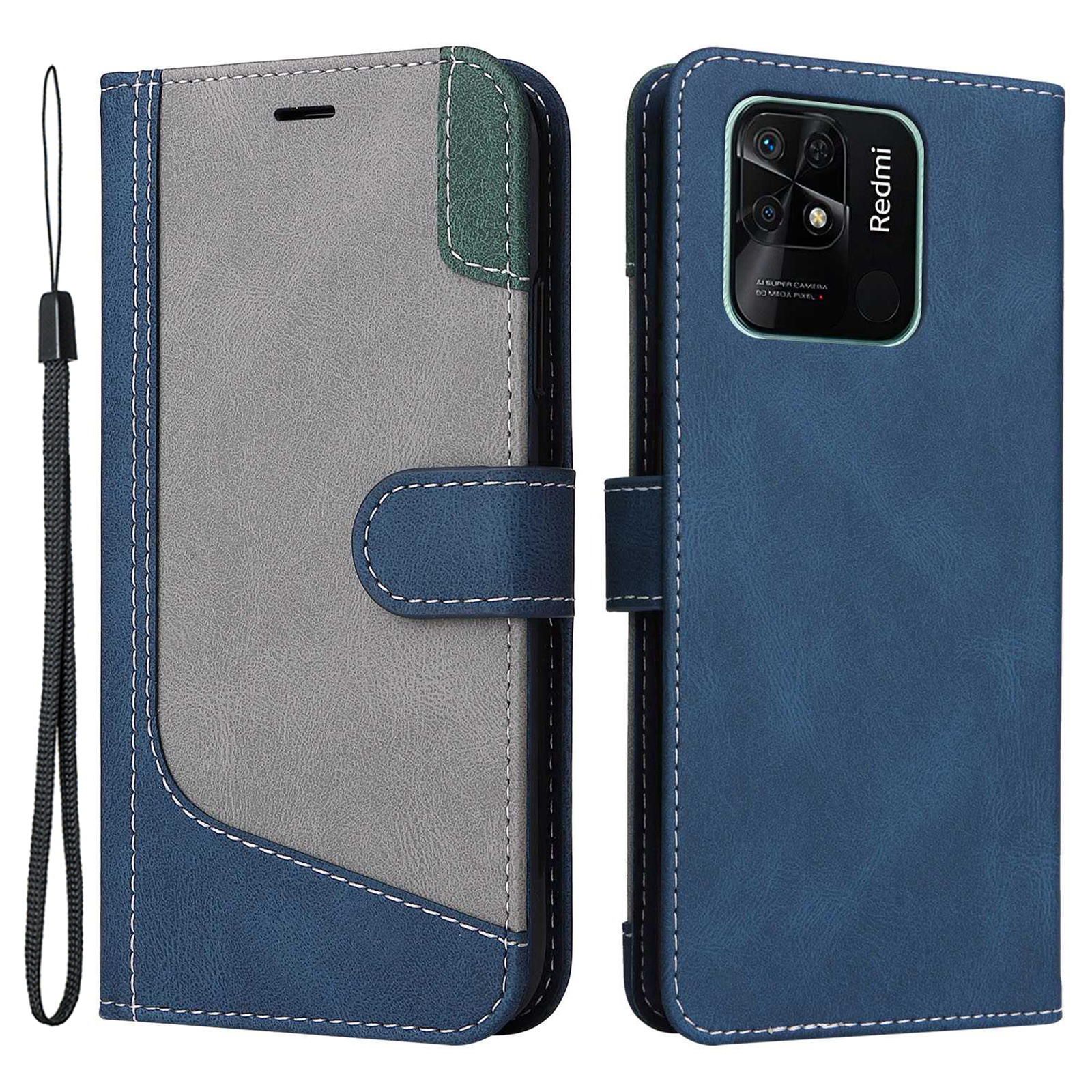 

Tri-color Spleißen Flip Phone Hülle Für Xiaomi Redmi 10C, Stoßdämpferung Pu-lederabdeckung Mit Stand Wallet - Blau, Xiaomi Redmi 10C 4G