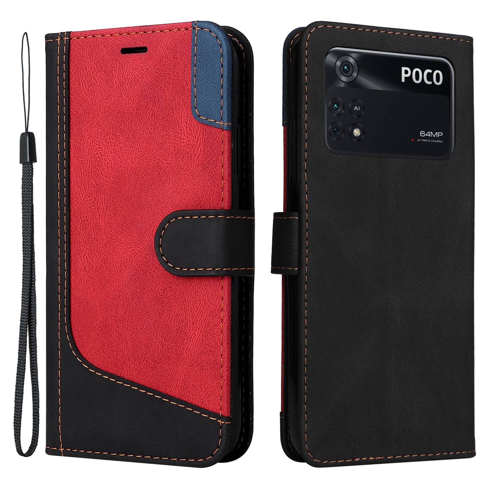 

Tri-color-spleißschützer Für Xiaomi Poco M4 Pro 4G, PU Leder Brieftasche Hülle Standort Telefonabdeckung - Schwarz, Xiaomi Poco M4 Pro 4G