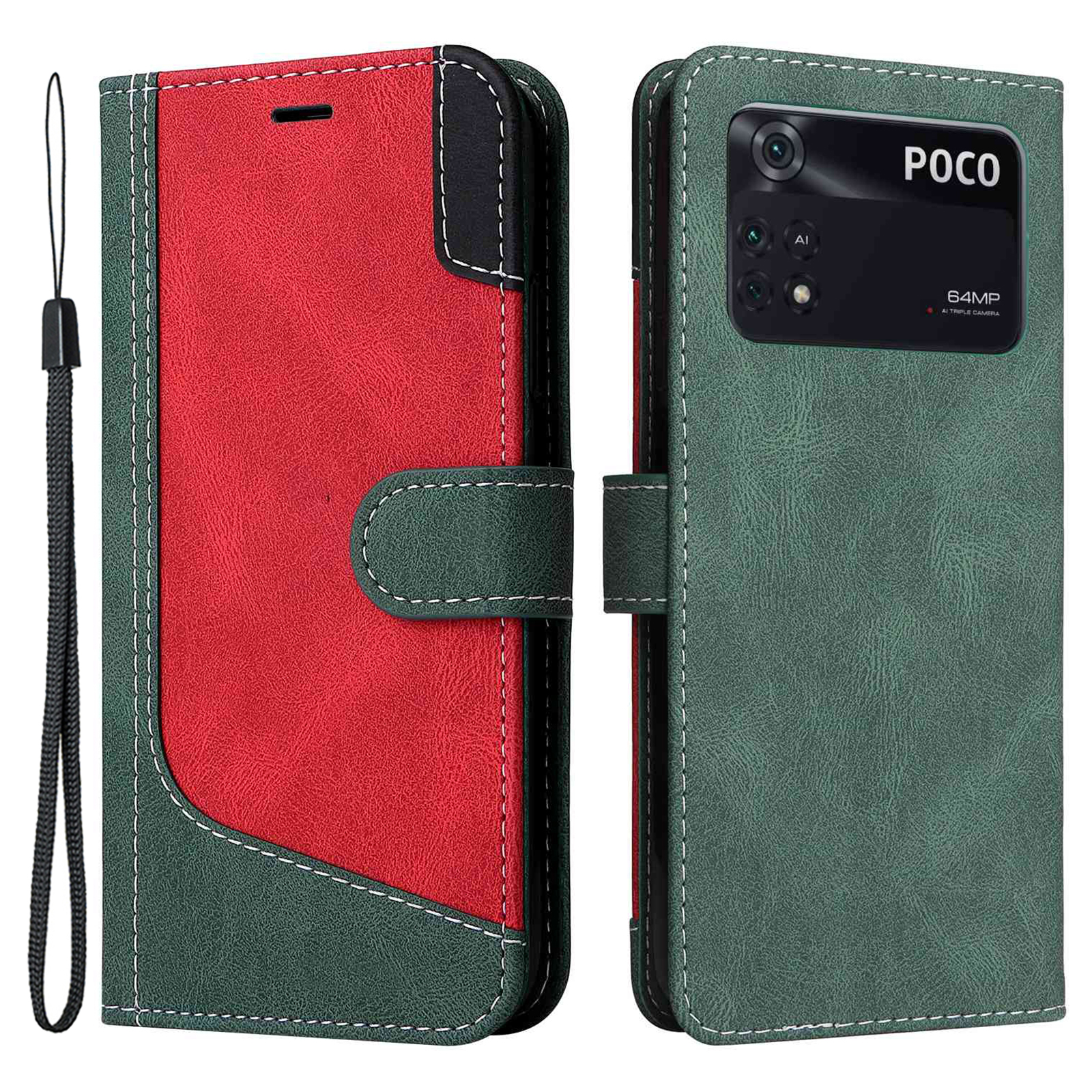 

Tri-color-spleißschützer Für Xiaomi Poco M4 Pro 4G, PU Leder Brieftasche Hülle Standort Telefonabdeckung - Grün, Xiaomi Poco M4 Pro 4G