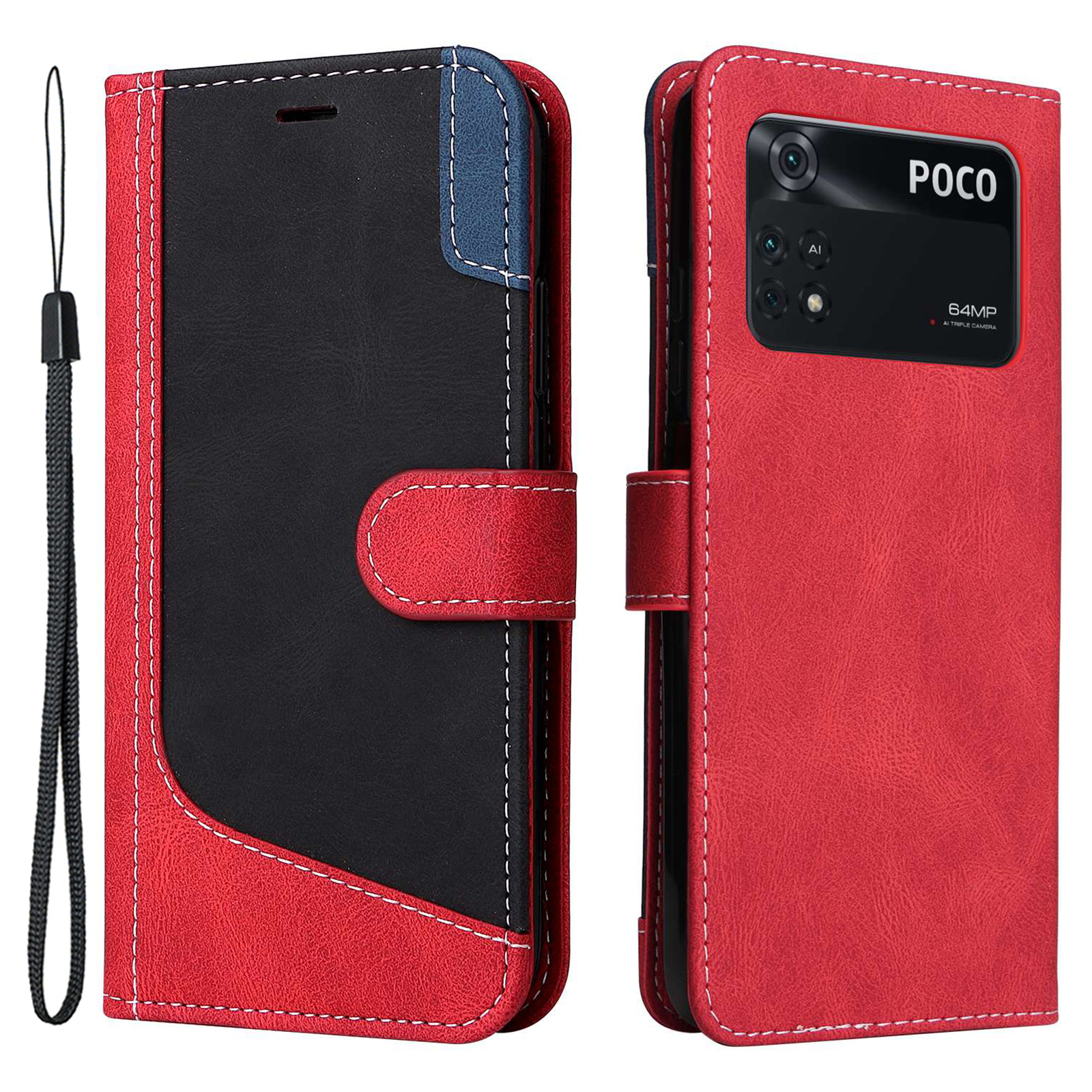 

Tri-color-spleißschützer Für Xiaomi Poco M4 Pro 4G, PU Leder Brieftasche Hülle Standort Telefonabdeckung - Rot, Xiaomi Poco M4 Pro 4G