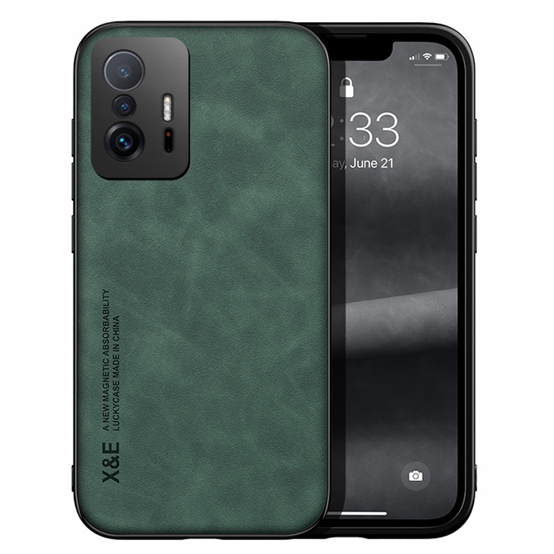 

x & e Für Xiaomi 11t 5G / 11t Pro 5G Haut-touch-telefonabdeckung PU Lederbeschichtung Weiche Tpu-hülle Mit Metallblech Für Autohalter - Grün, Xiaomi 11T 5G